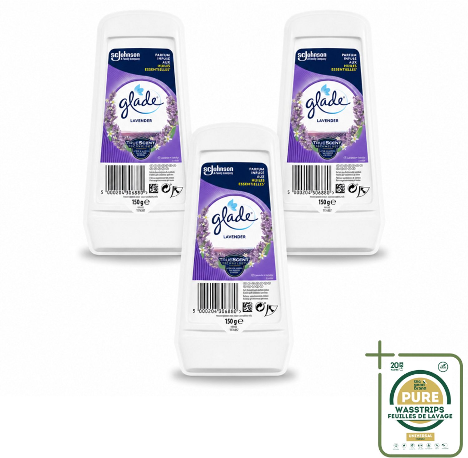 3 x Glade - Gel - Tranquil Lavender & Aloë - 150 g - Wasstrips - Luchtverfrisser Gel - Lavendel Geur - Frisheid Thuis - Ontspanning Thuis - Geur Neutraliseren