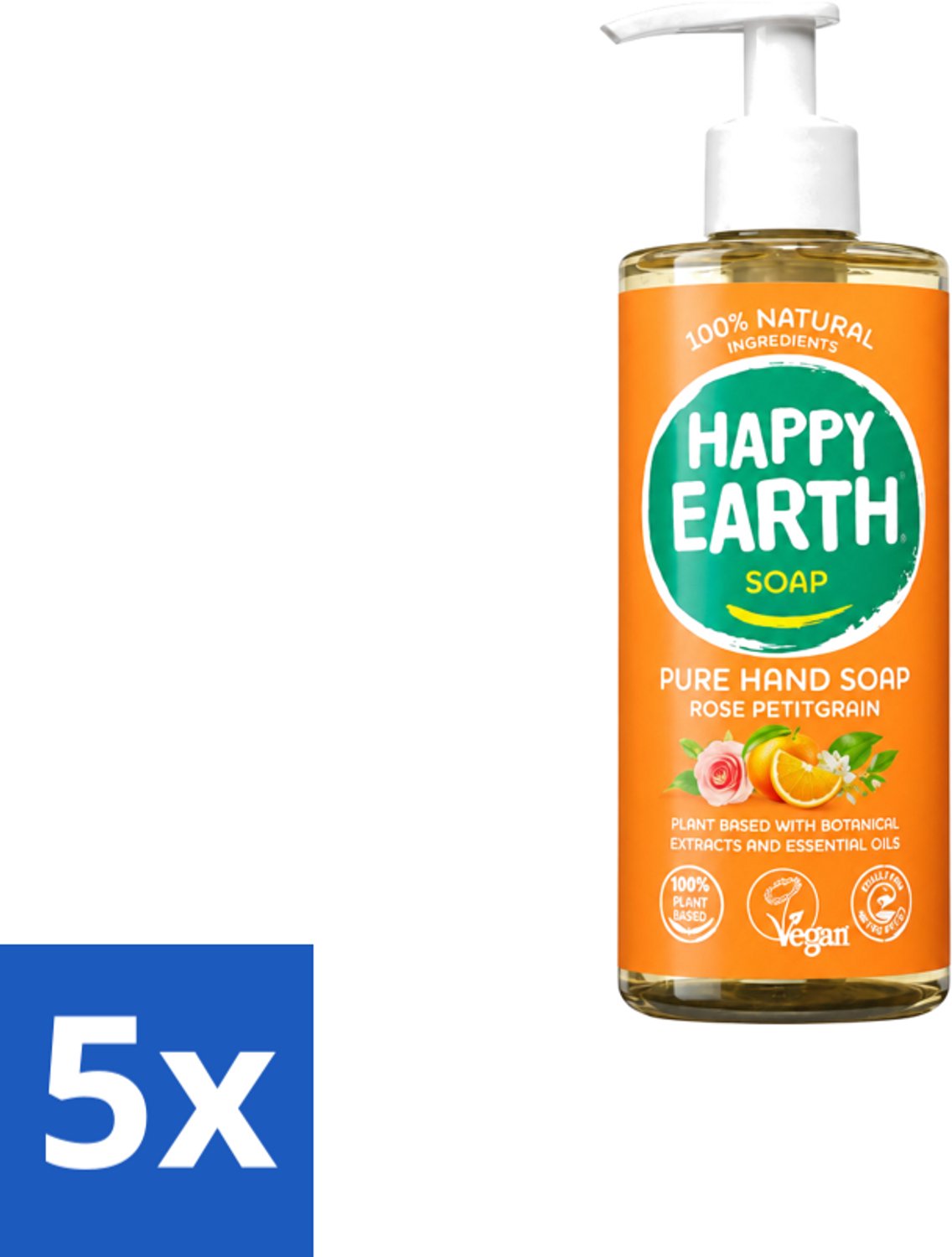 5 x Happy Earth – Handzeep – 100% Natuurlijk Rose Petitgrain – 300 ml - Voordeelverpakking - 5 stuks