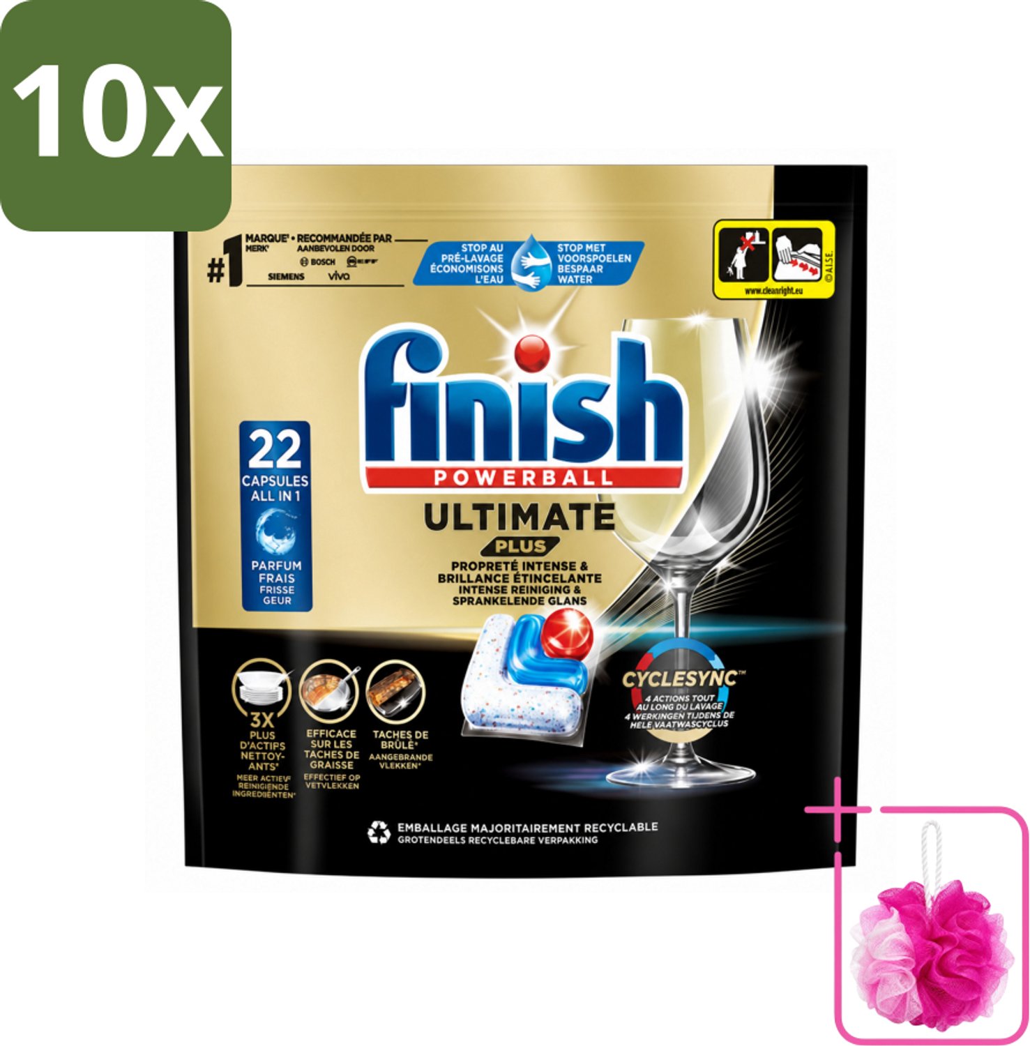 10 x Finish - Vaatwasmiddel - Ultimate Plus Vaatwastabletten Regular - Krachtige Alles-in-1 Reiniging - 22 capsules - Bulkverpakking - Vaatwastabletten - Douchemop - Vaatwasmachine