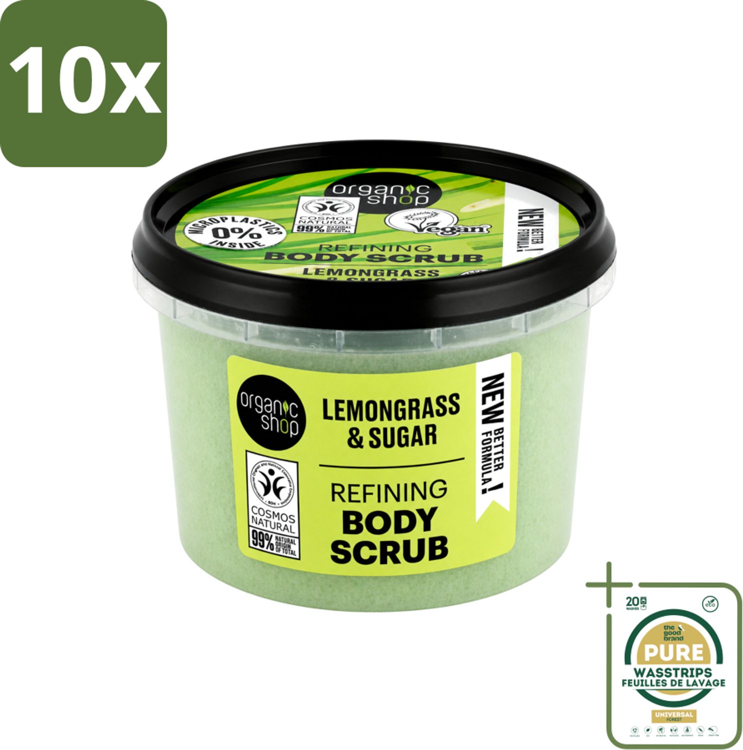 10 x Organic Shop - Body Scrub Lemongrass - Verfrissend en Verzorgend - 250 ml - Wasstrips - Bodyscrub - Huidpeeling - Citroengrasolie - Natuurlijke Huidverzorging - Exfoliatie