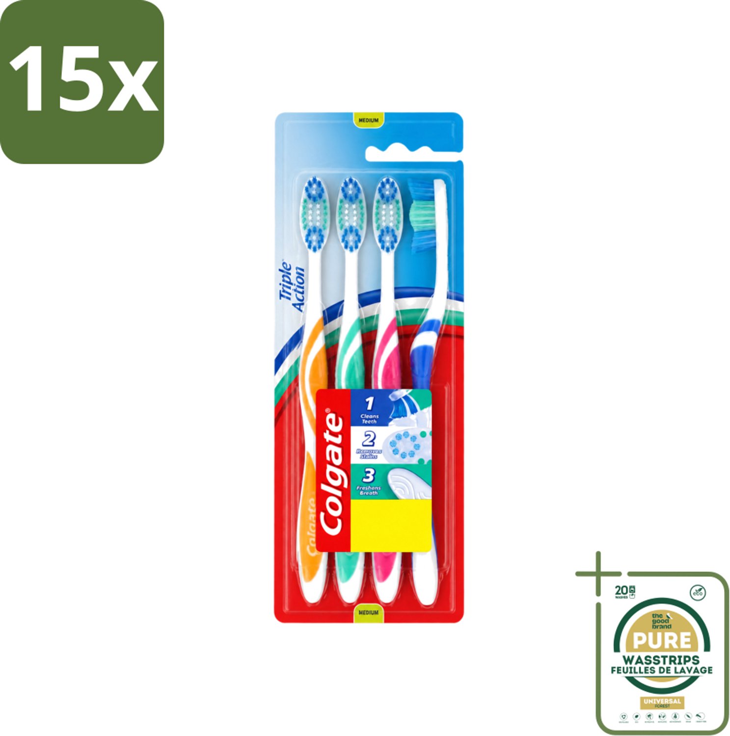 15 x Colgate - Tandenborstels - Triple Action - Medium - 4 borstels - Wasstrips - Tandenborstel - Mondhygiëne - Tanden Reinigen - Vlekverwijderen - Frisse Adem