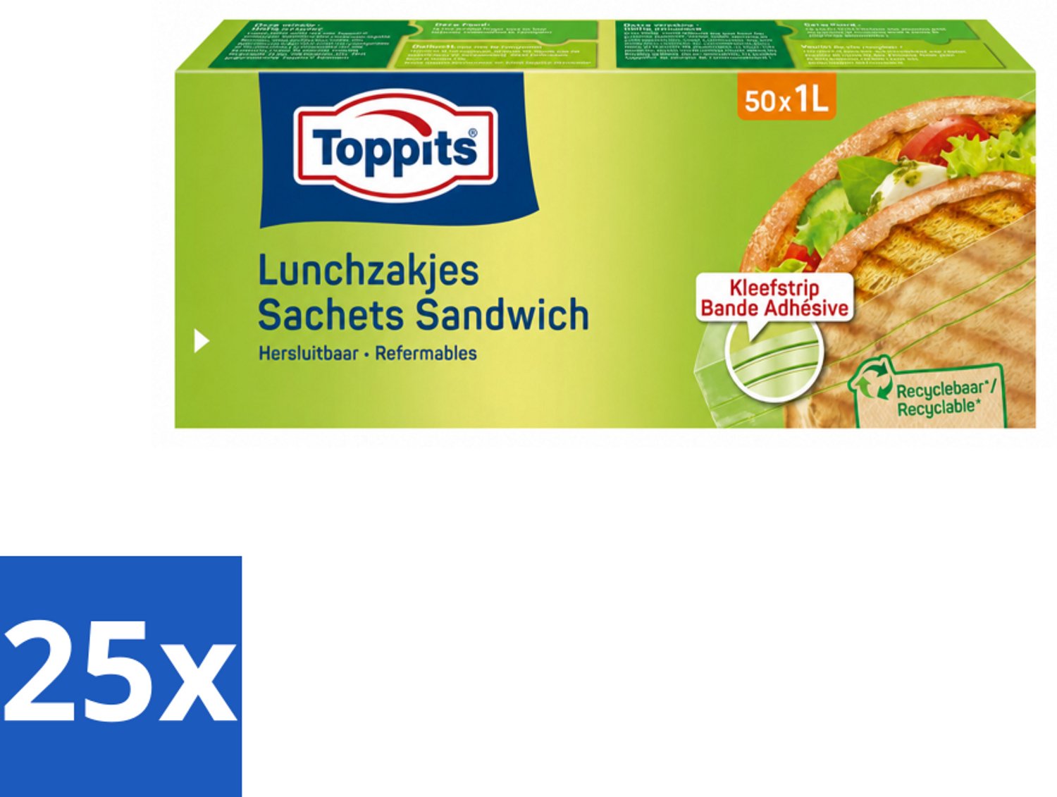 25 x Toppits – Lunchzakjes – Hersluitbaar – 1 Liter – 50 Zakjes - Voordeelverpakking - 25 stuks