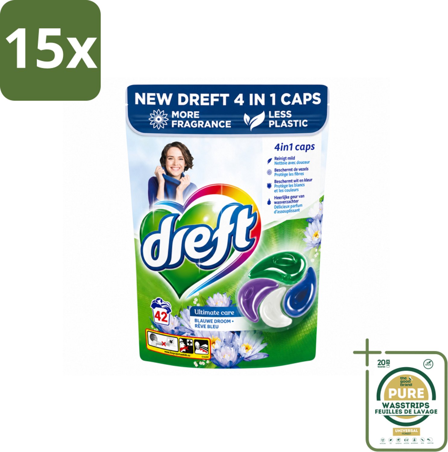 15 x Dreft - Wasmiddelcapsules - 4-in-1 Blue Dream - Krachtige waskracht - 42 Wasbeurten - Wasstrips - Wasmiddelcapsules - Frisse Was - Kleurbescherming - Was Kracht - Wasmiddel 4 In 1