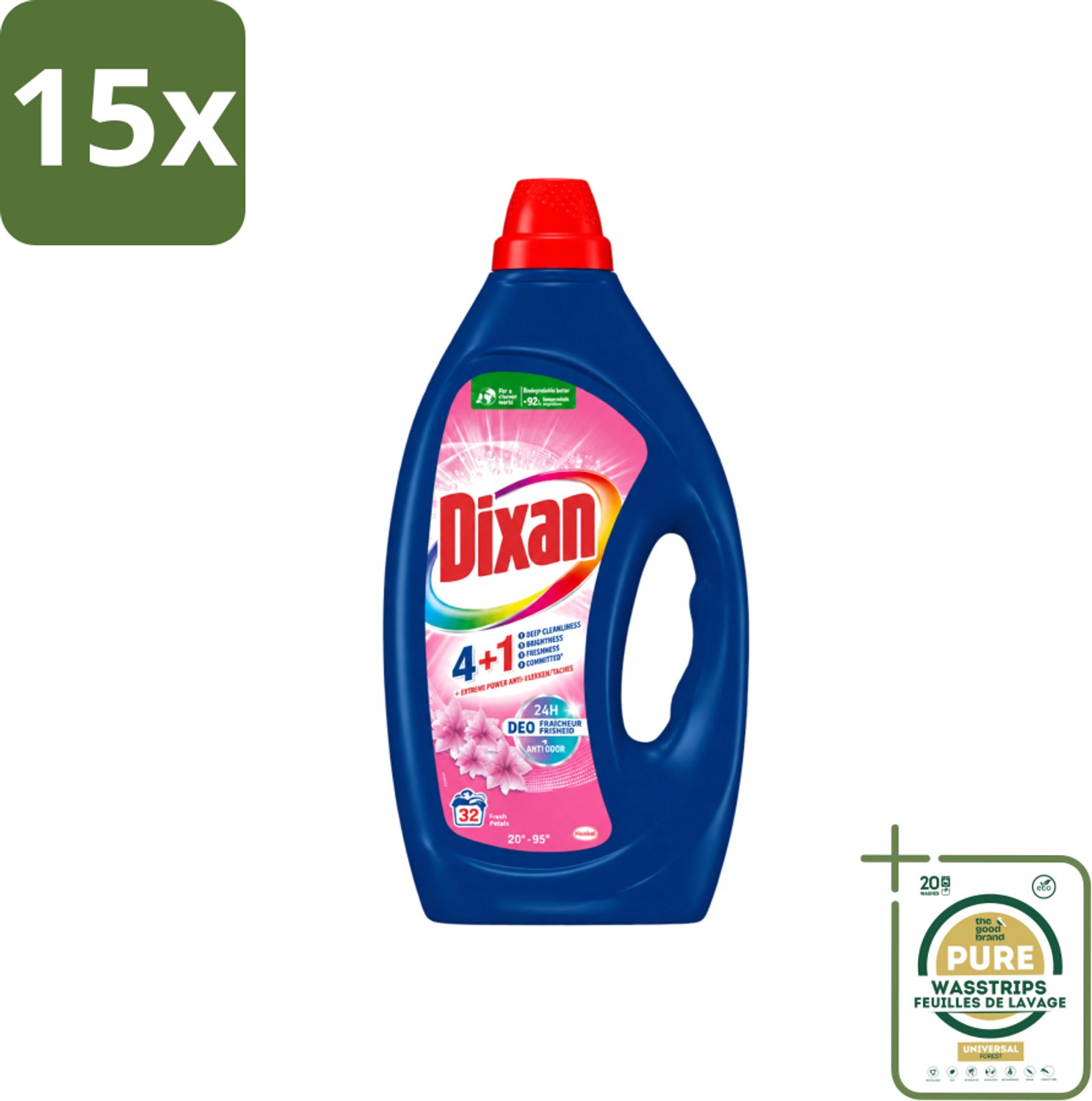 15 x Dixan - Vloeibaar wasmiddel - Fresh Pink - 32 wasbeurten - Wasstrips - Wasmiddel - Vloeibaar Wasmiddel - Frisheid - Anti-geur - Wasgeur