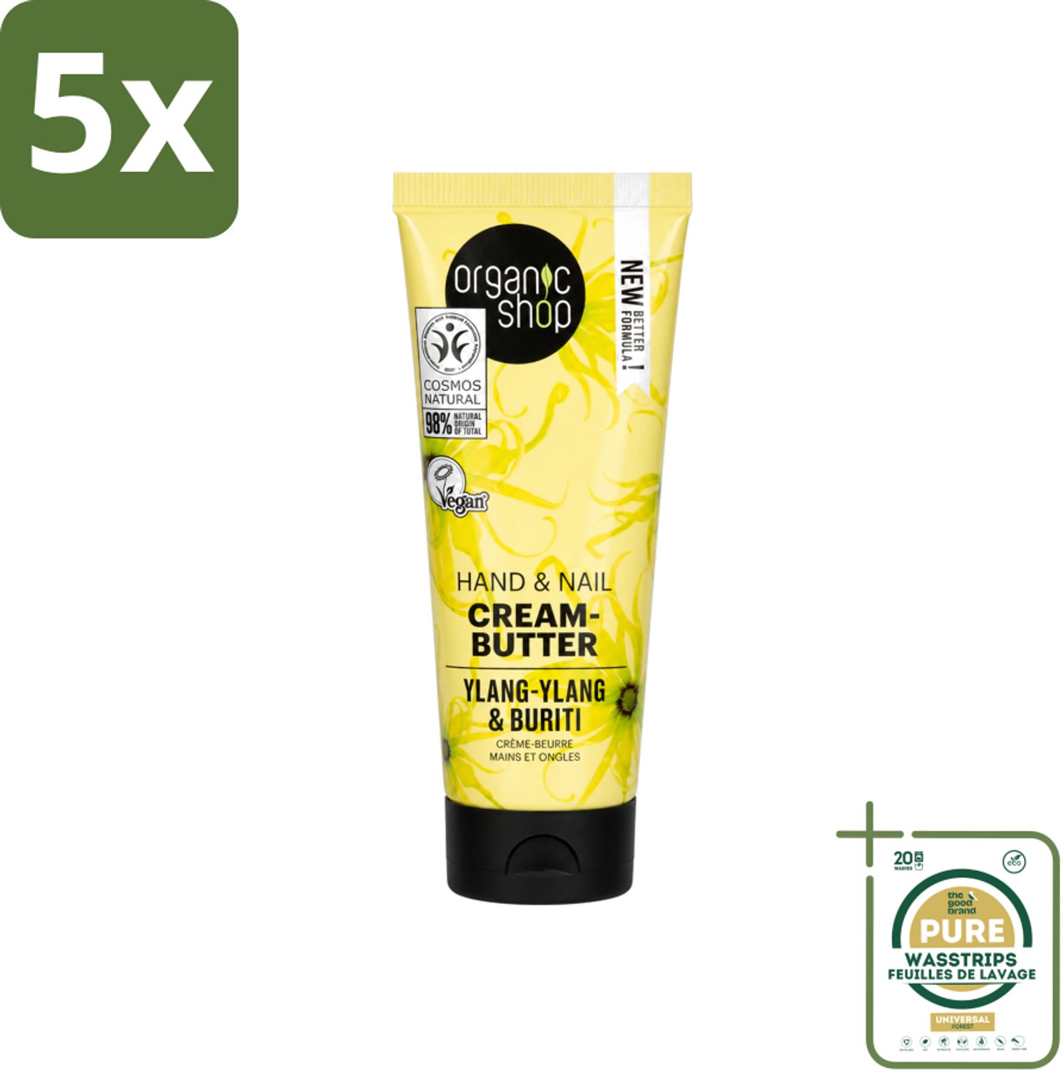 5 x Organic Shop - Ylang-Ylang & Buriti Hand & Nail Cream - Verzachtend en Herstellend - 75 ml - Wasstrips - Handcrème - Nagelcrème - Ylang-ylang - Buriti - Natuurlijke Handcrème