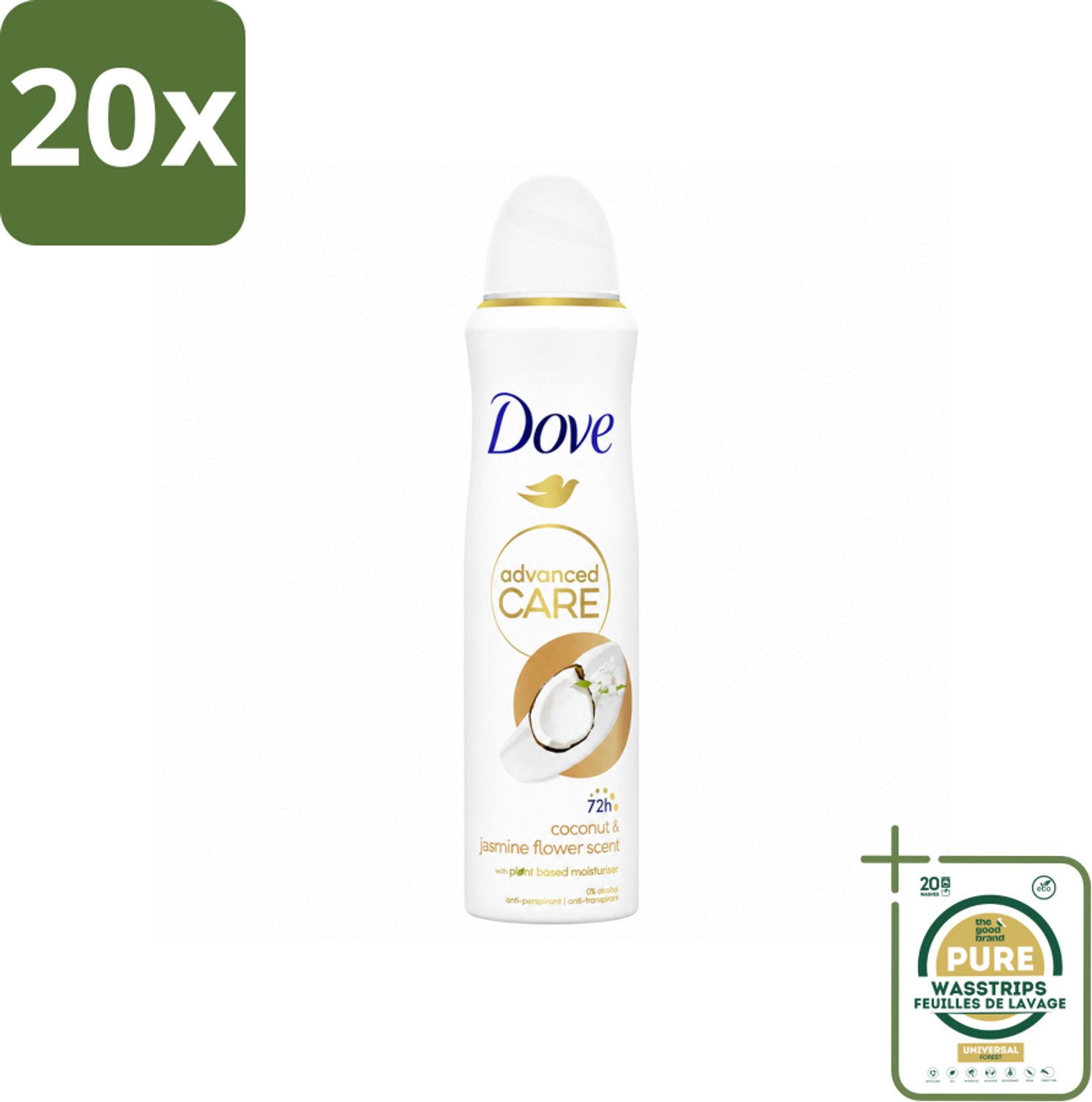 20 x Dove Deodorant Spray - Advanced Care - Kokos & Jasmijnbloem - 150 ml - Wasstrips - Deodorant Spray - Kokos En Jasmijn - Anti-zweet - Huidverzorging - Frisheid