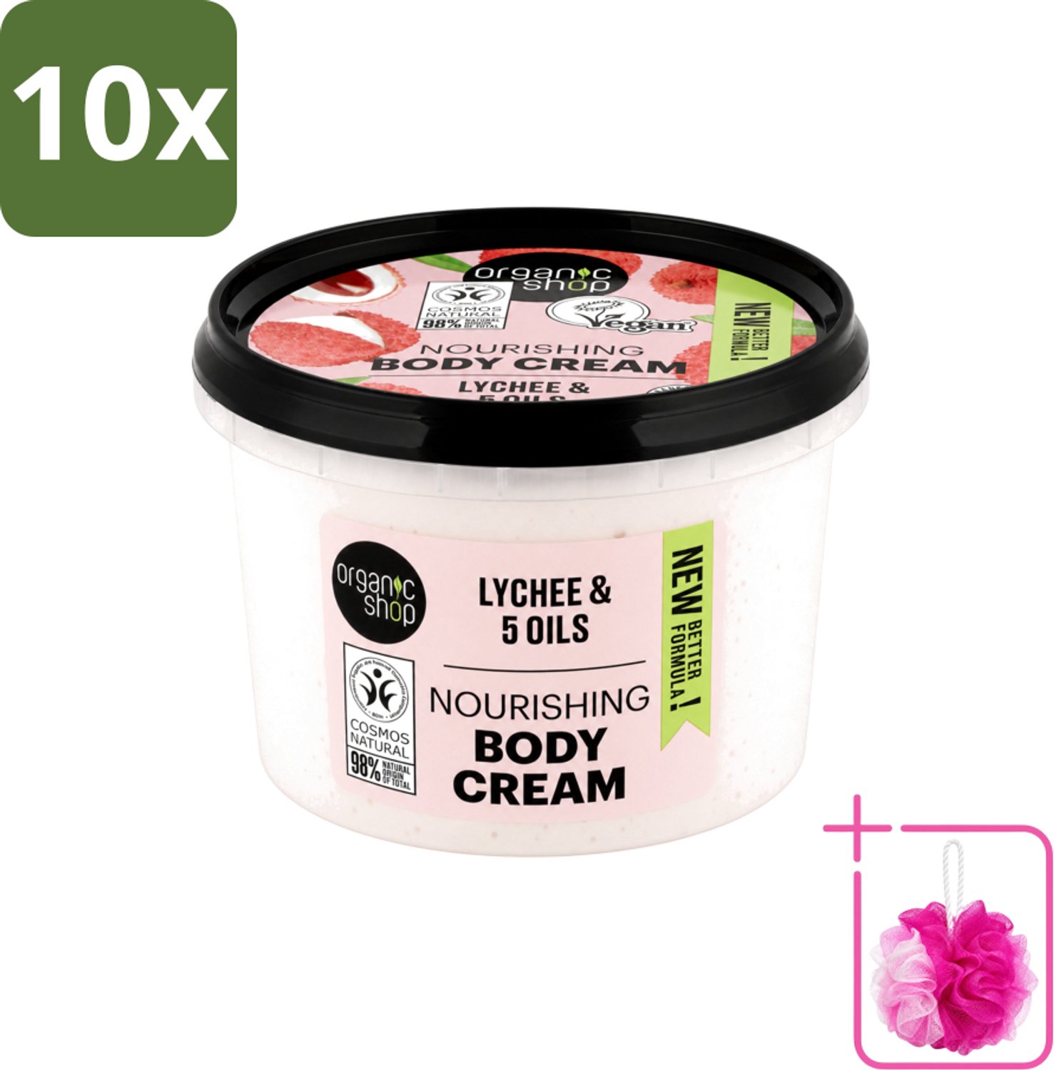 10 x Organic Shop - Nourishing Body Cream Lychee - Hydraterend en Voedend - 250 ml - Bulkverpakking - Hydratatie - Douchemop - Voeding