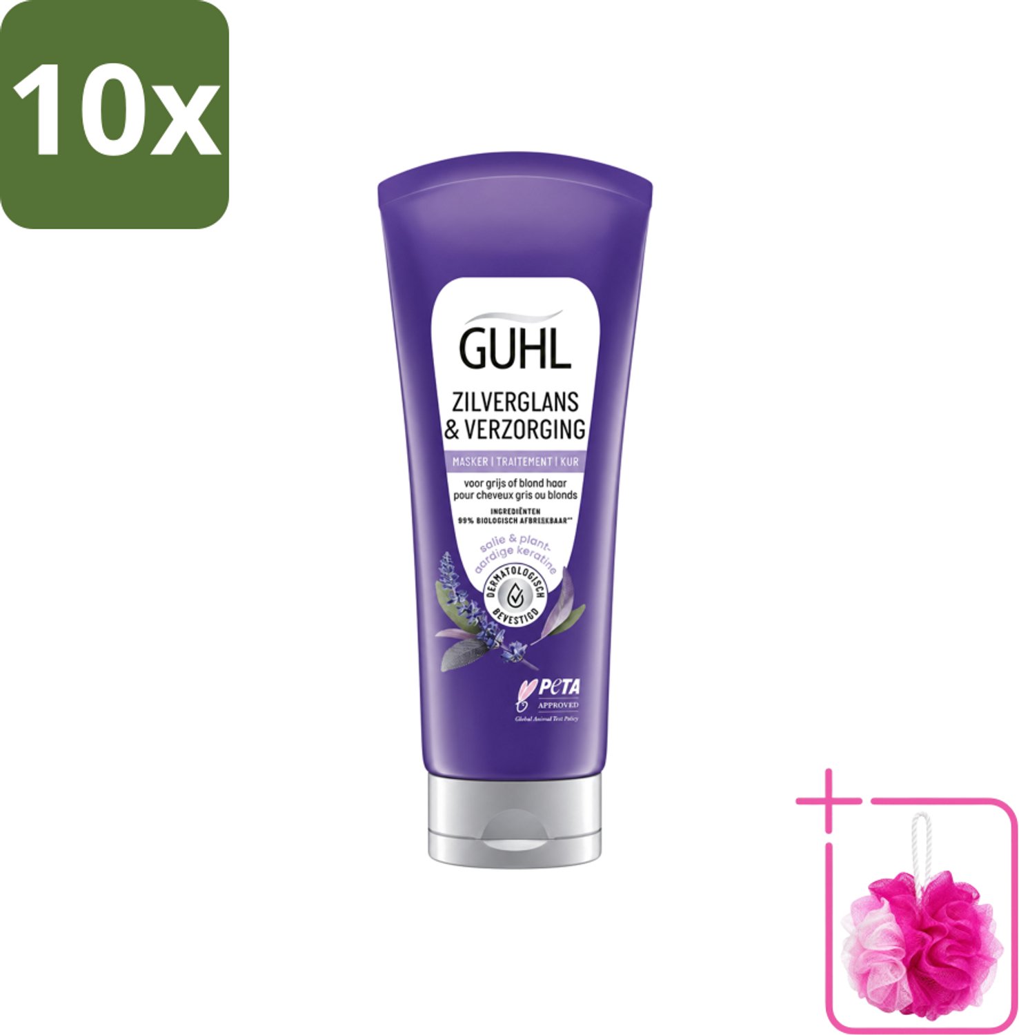 10 x Guhl - Haarmasker - Zilverglans & Verzorging Anti-Geel - 200 ml - Bulkverpakking - Anti-geel haarmasker - Douchemop - Geel gloed neutraliseren