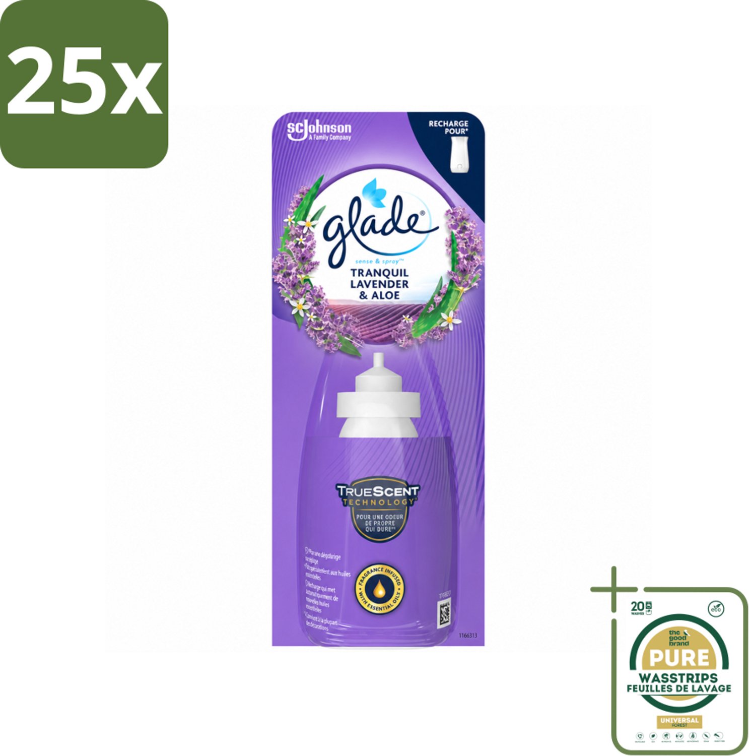 25 x Glade - Sense & Spray Navulling - Tranquil Lavender & Aloë - 18 ml - Wasstrips - Luchtverfrisser - Lavendel - Geur - Geurverspreiding - Geurhoudende Navulling
