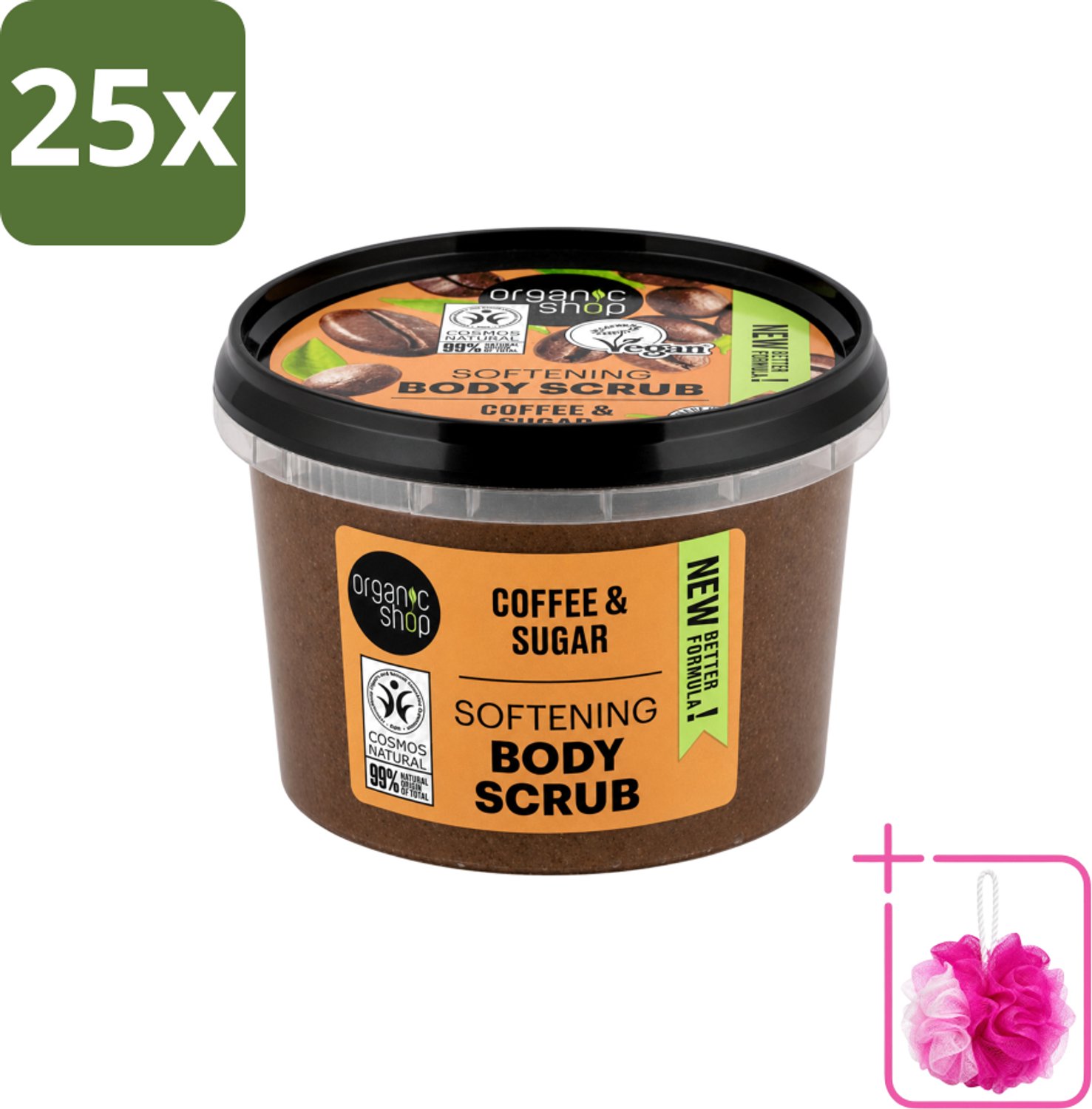 25 x Organic Shop - Organic Coffee & Sugar Body Scrub - Hydraterend en Peeling - 250 ml - Bulkverpakking - Bodyscrub - Douchemop - Natuurlijke peeling