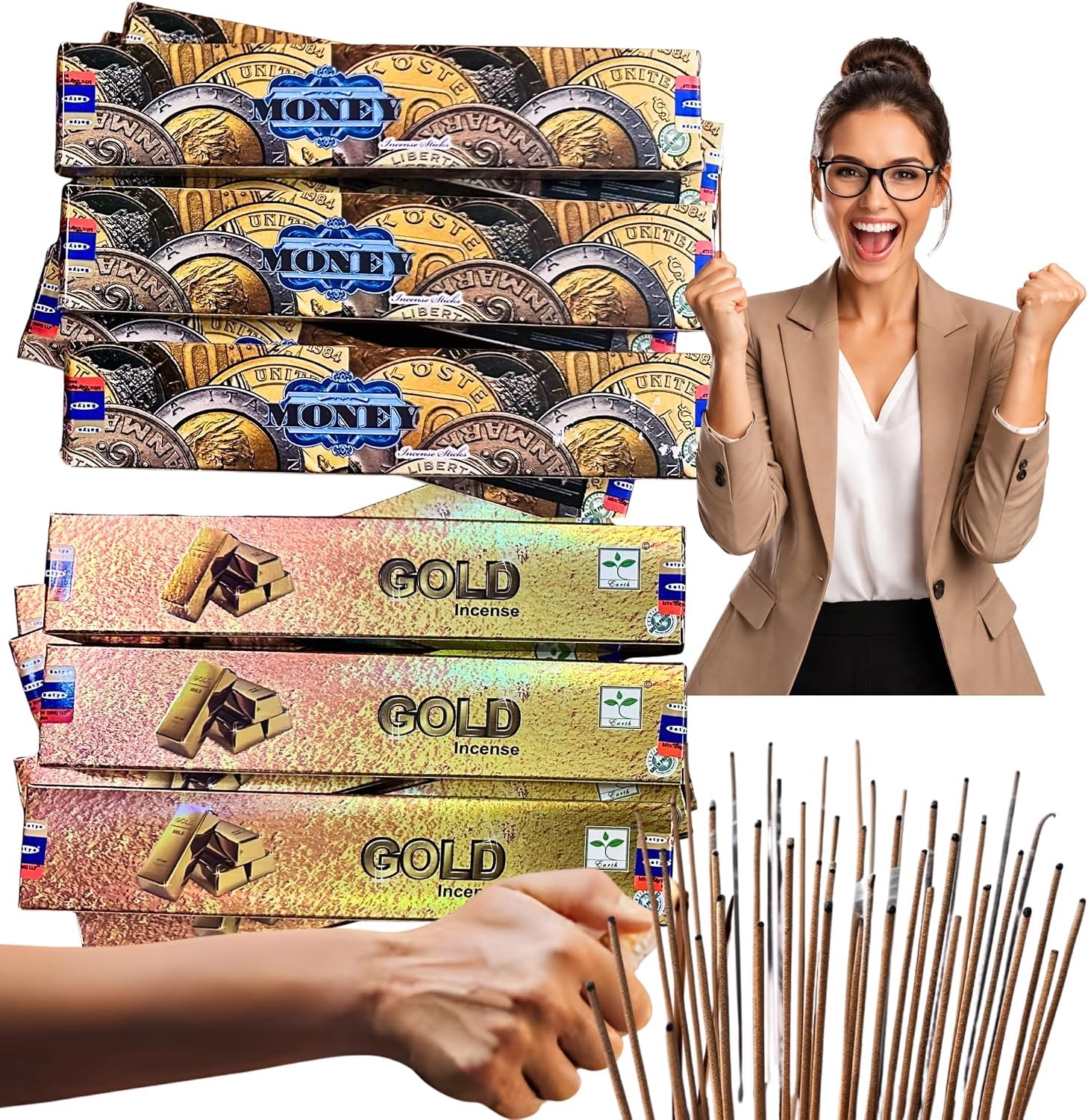 Wierookstokjesset welvaart en geld – 2 x geld + 2 x goud – geurstokjes voor economische overvloed – intense geur, langdurig voor thuis en op het werk