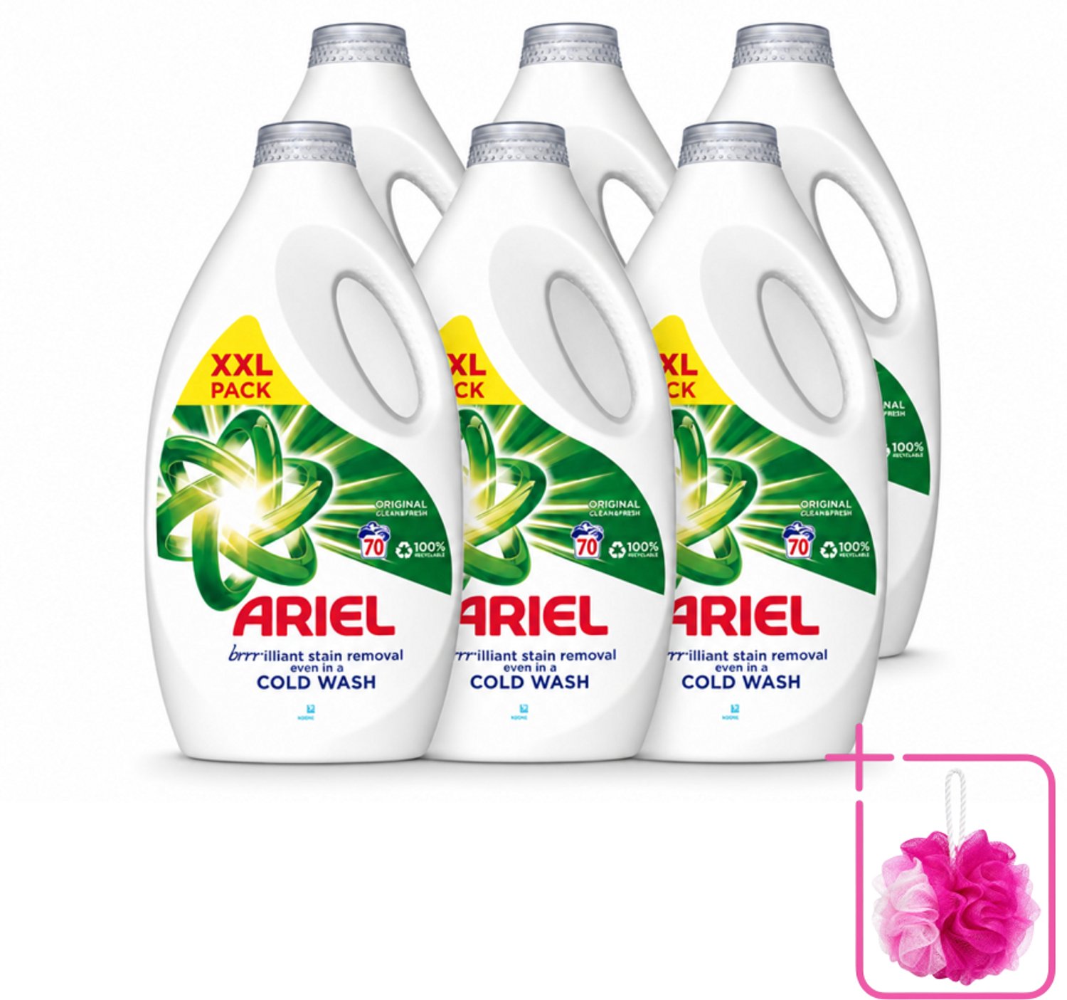 6 x Ariel - Wasmiddel - Original - 70 Wasbeurten - 2,45 liter - Bulkverpakking - Wasmiddel - Douchemop - Wasbeurt