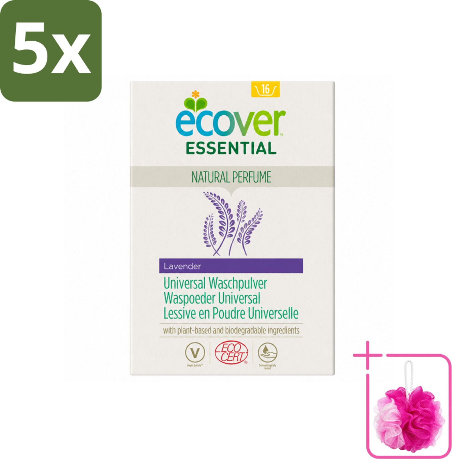 5 x Ecover - Waspoeder Essential - Universal - 1,2 kg - Bulkverpakking - Waspoeder - Douchemop - Witte was