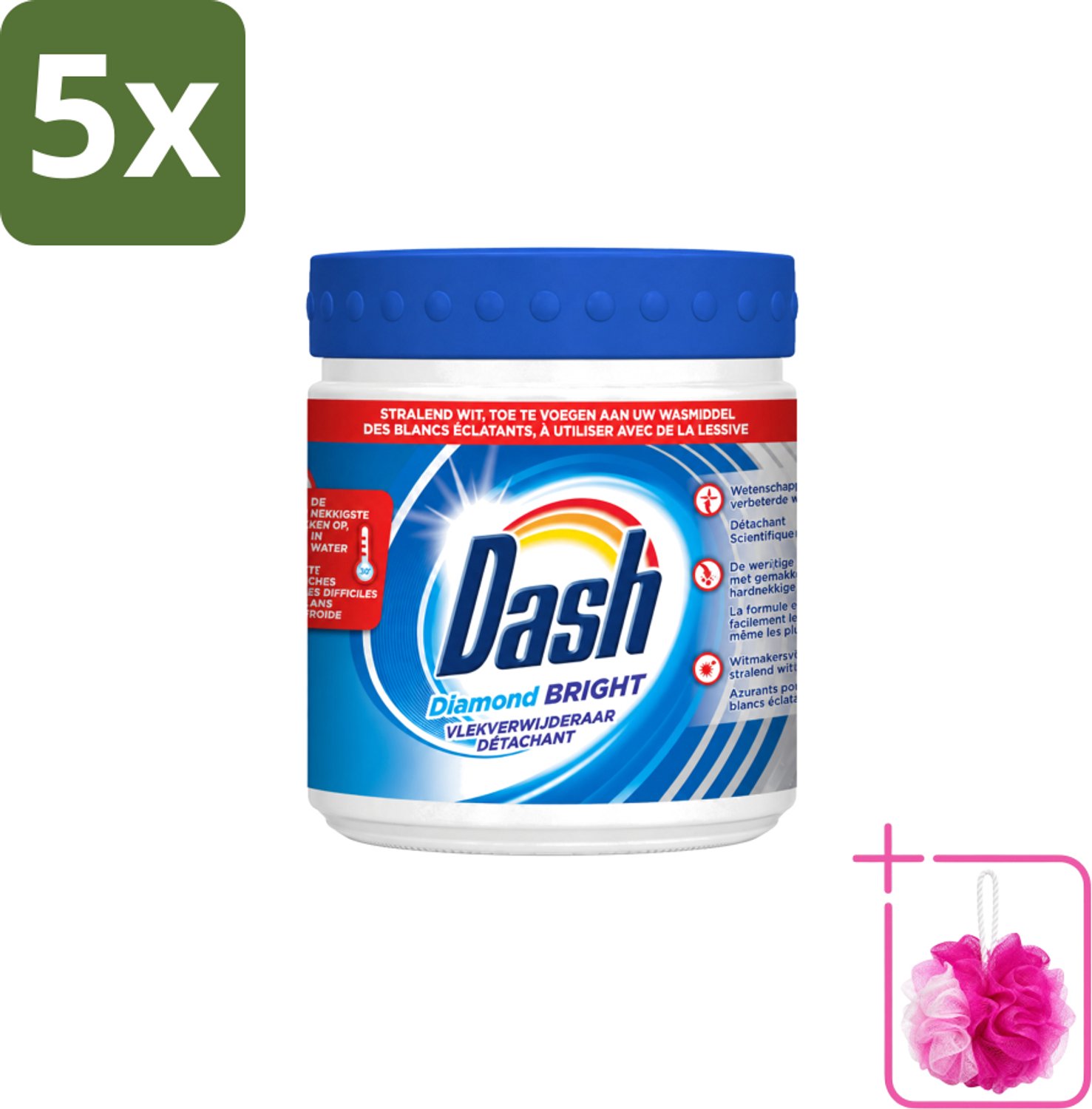 5 x Dash - Diamond Bright - Vlekverwijderaar Poeder - Voor Witte Was - 500 g - Bulkverpakking - Vlekverwijderaar - Douchemop - Witte was