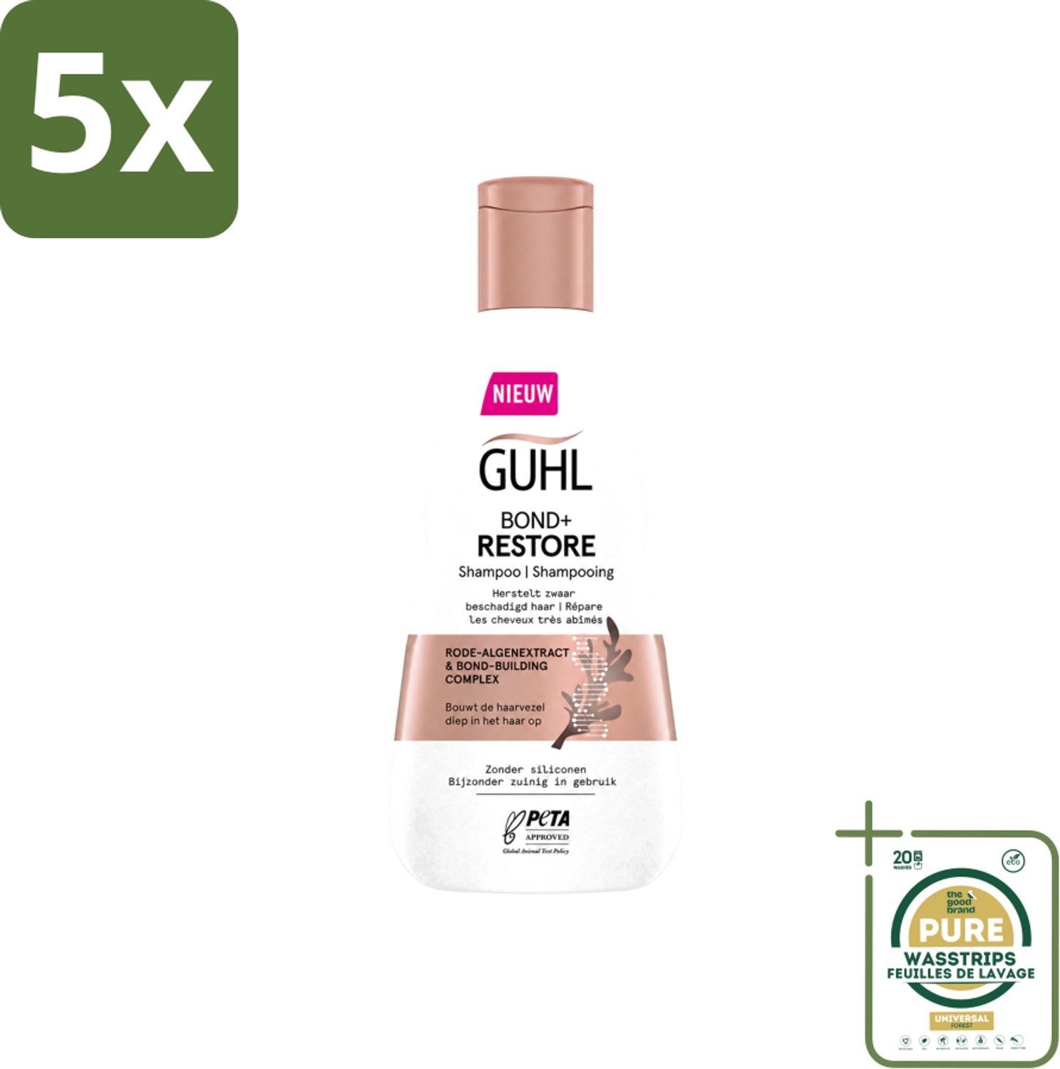 5 x Guhl - Shampoo - Bond+ Restore - 250 ml - Wasstrips - Herstel Haar - Beschadigd Haar - Zwaar Beschadigd Haar - Haar Herstellen - Haar Versterken
