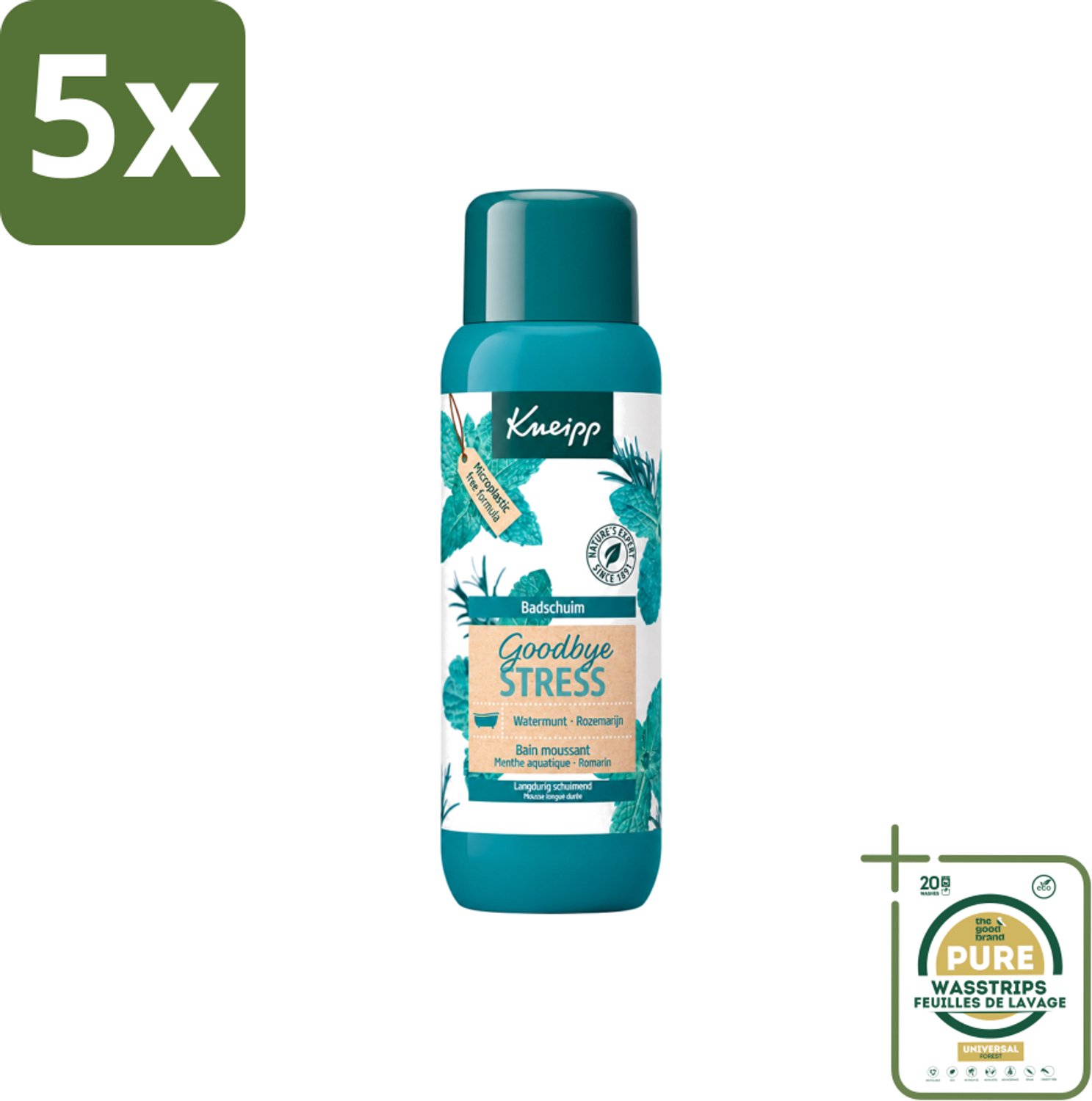 5 x Kneipp - Badschuim - Goodbye Stress - Watermunt & Rozemarijn - 400 ml - Wasstrips - Ontspanning Bad - Stressvermindering - Badschuim Watermunt - Badschuim Rozemarijn - Kneipp Badschuim