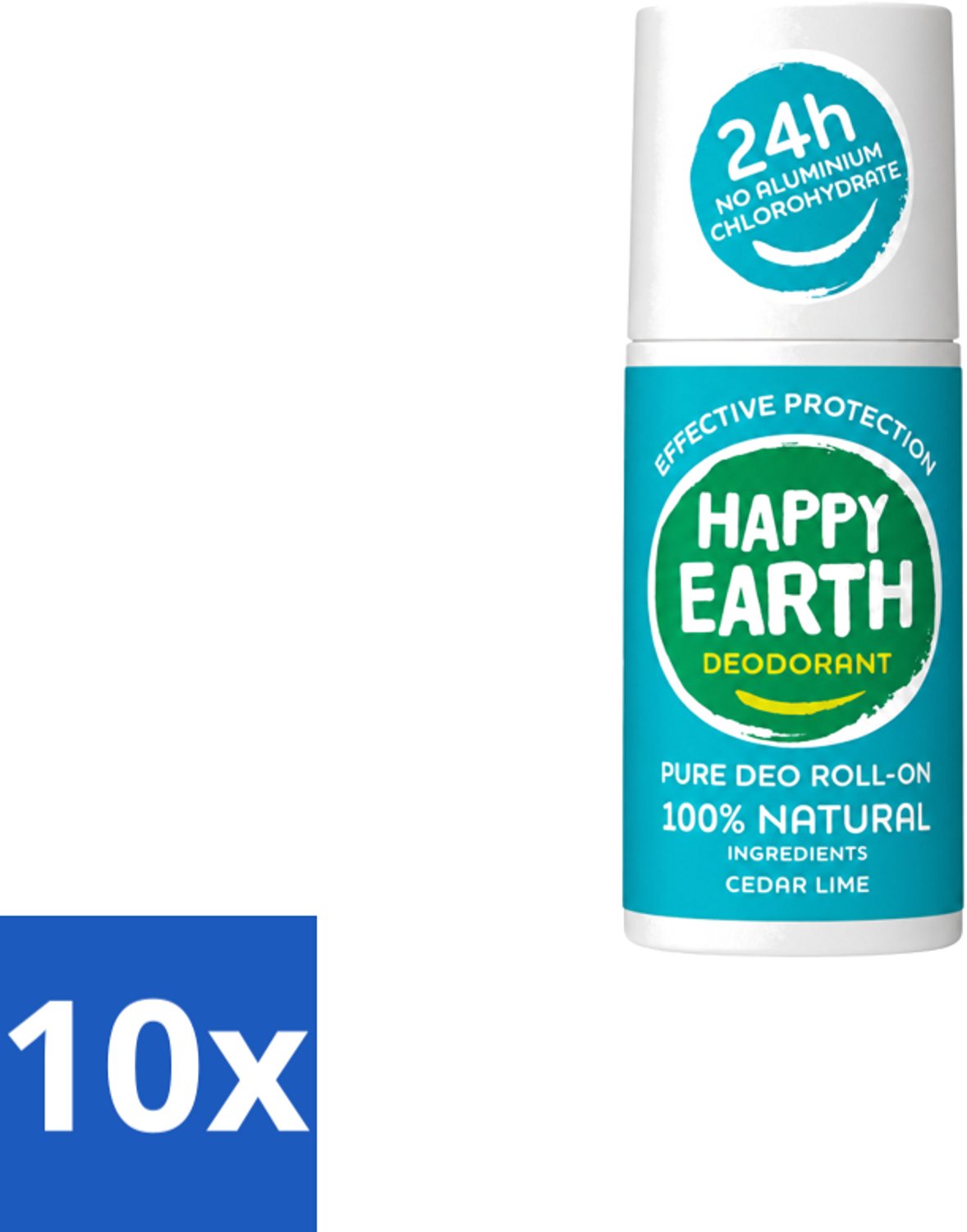 10 x Happy Earth – Deodorant Roll-On – 100% Natuurlijk Cedar Lime – 75 ml - Voordeelverpakking - 10 stuks