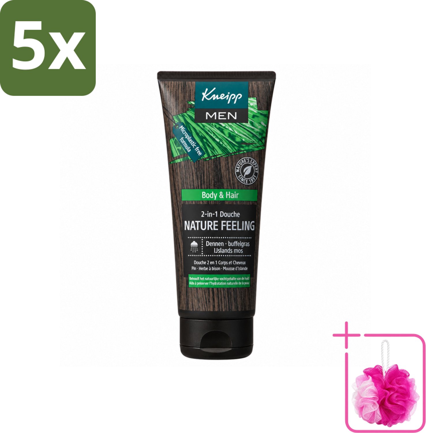 5 x Kneipp - Douchegel - Men - Nature Feeling - 2-in-1 - 200 ml - Bulkverpakking - Douchegel voor mannen - Douchemop - Natuurlijke douchegel