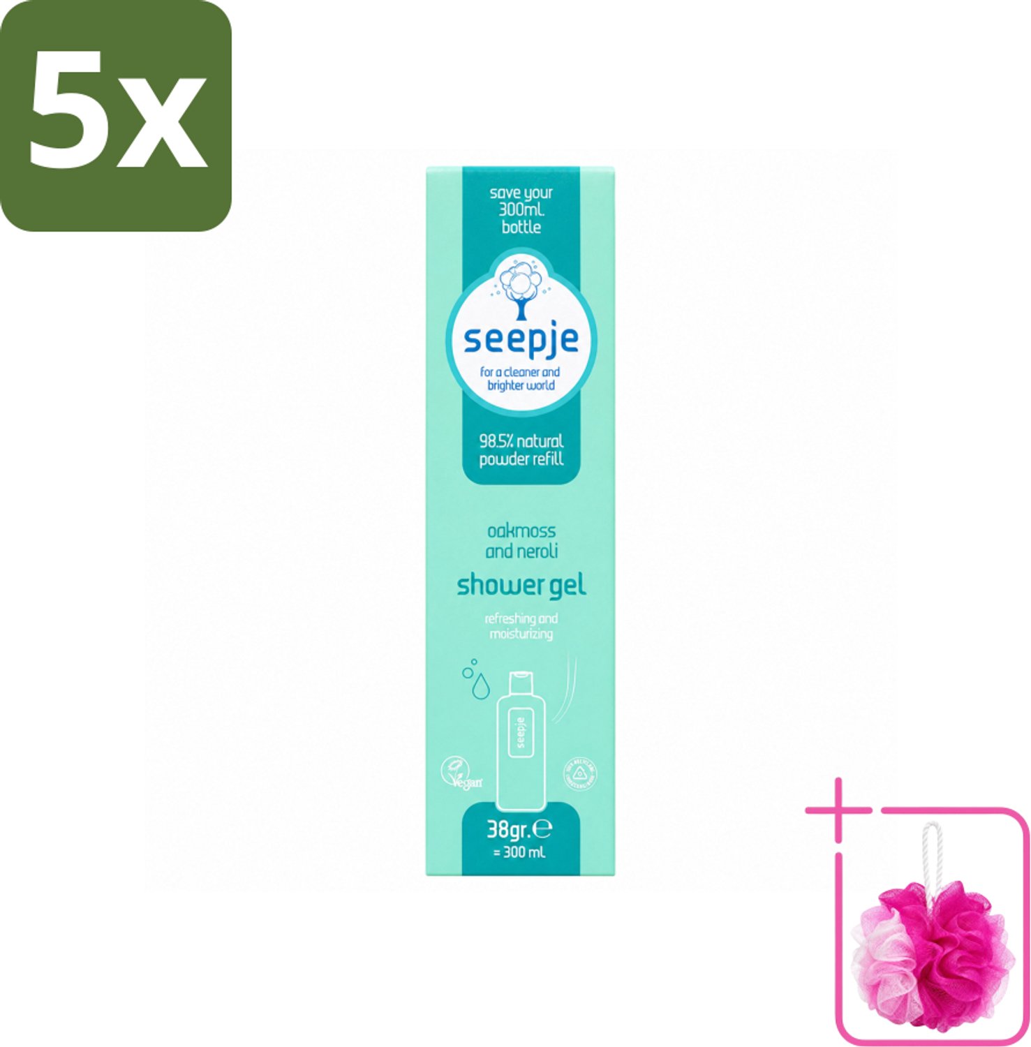 5 x Seepje - Douchegel - Duurzaam & Handig - Eikenmos en Neroli - Navulling - 38 gr - Bulkverpakking - Douchegel navulling - Douchemop - Eikenmos