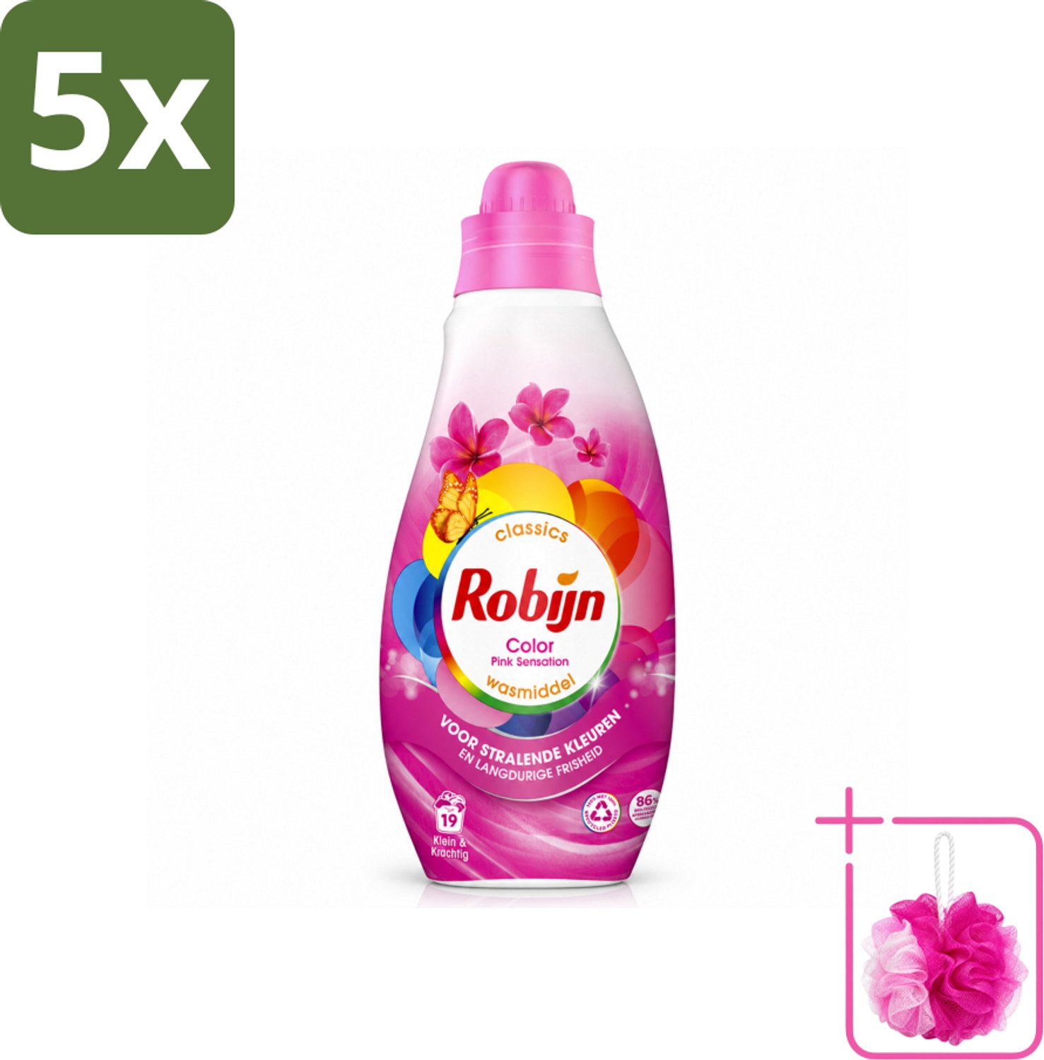 5 x Robijn - Klein & Krachtig Classics Color Pink Sensation - Vloeibaar Wasmiddel - 19 Wasbeurten - Bulkverpakking - Kleurbehoud - Douchemop - Frisse was