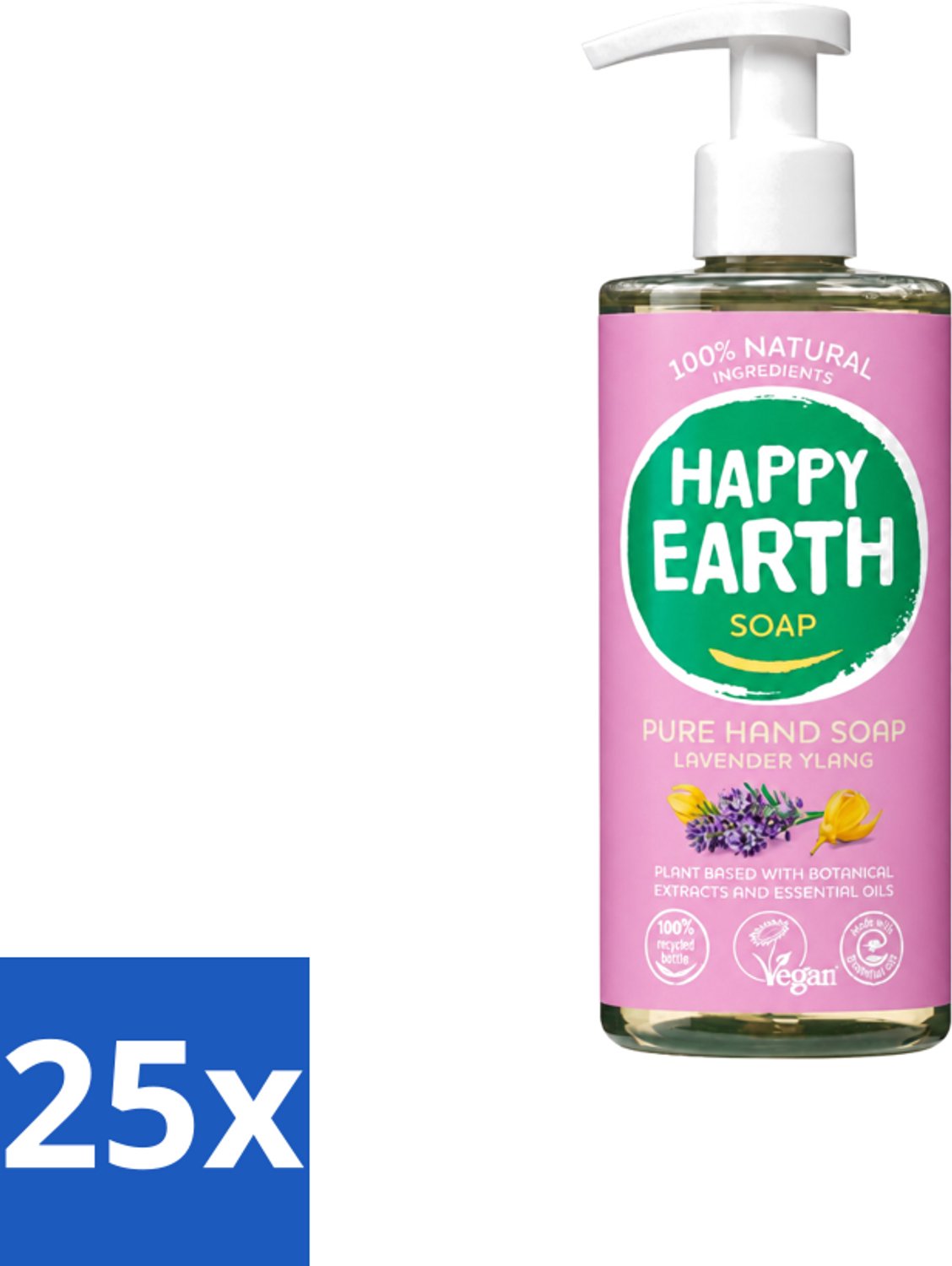 25 x Happy Earth – Handzeep – 100% Natuurlijk Lavender Ylang – 300 ml - Voordeelverpakking - 25 stuks