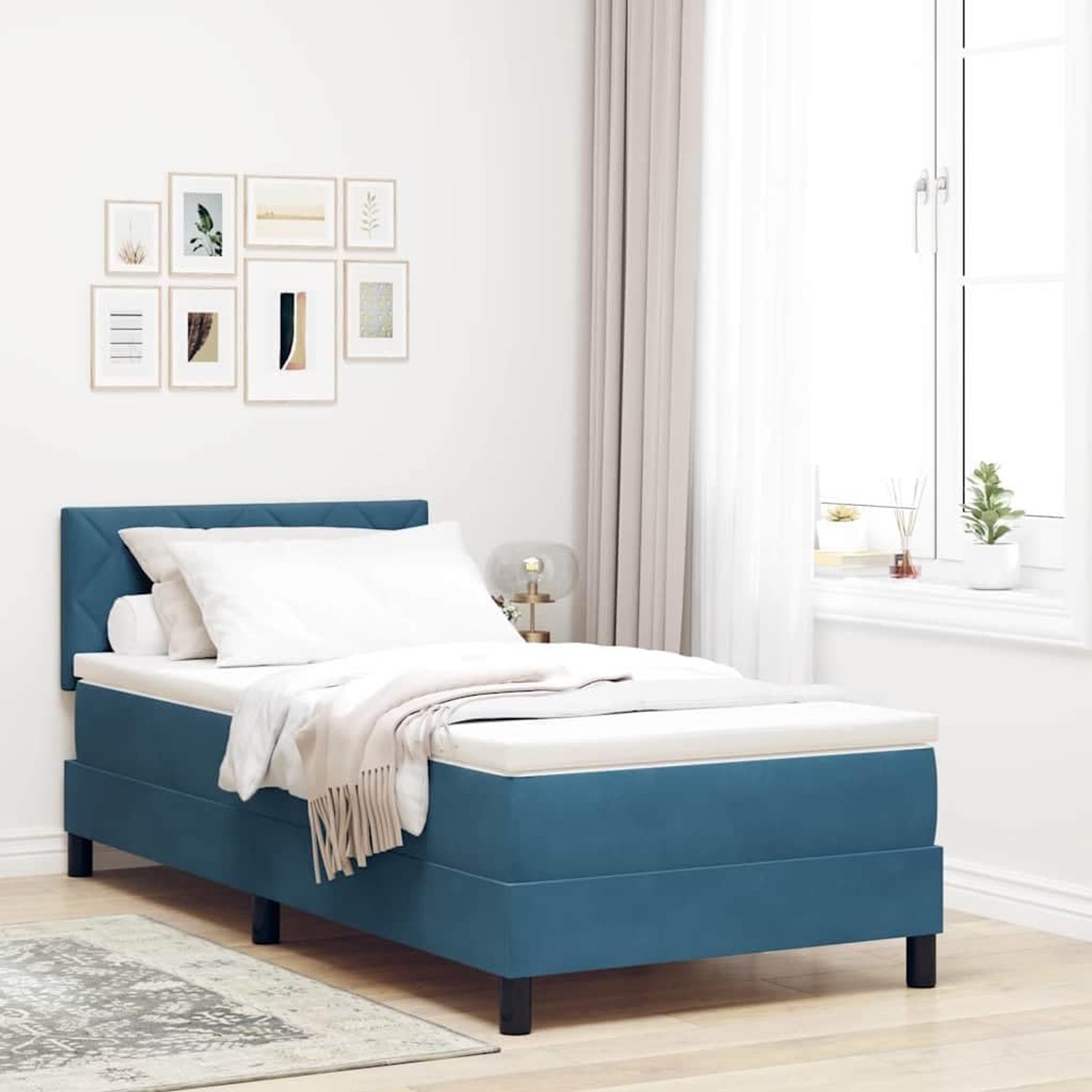 Boxspringbed met matras, donkerblauw, 90 x 200 cm, fluweel, modern slaapsysteem met in hoogte verstelbaar hoofdeinde van kunstleer en grenenhout, inclusief stabiele lattenbodem