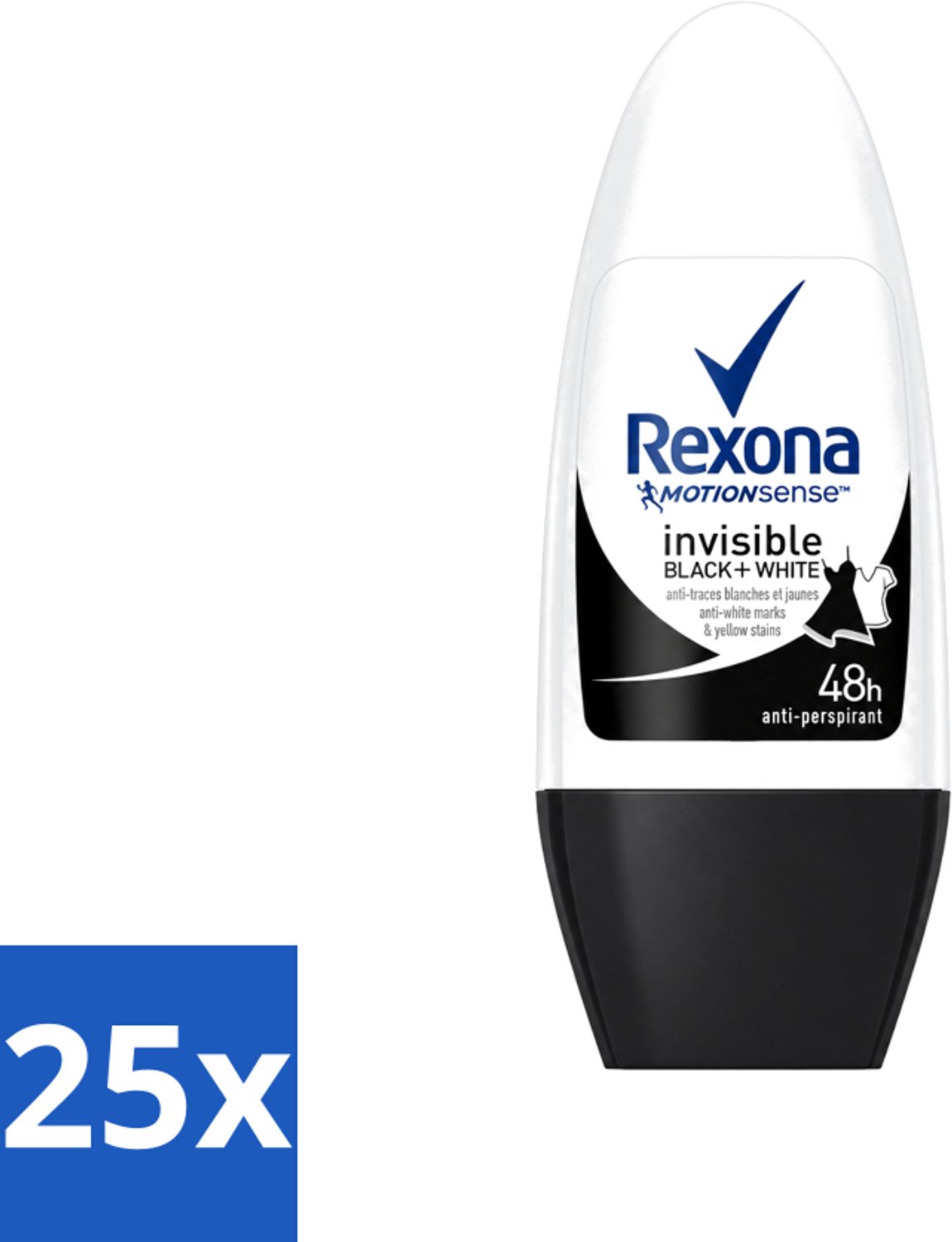 25 x Rexona - Invisible Black & White - Deo Roller - Anti-transpirant - 50 ml - Voordeelverpakking - 25 stuks