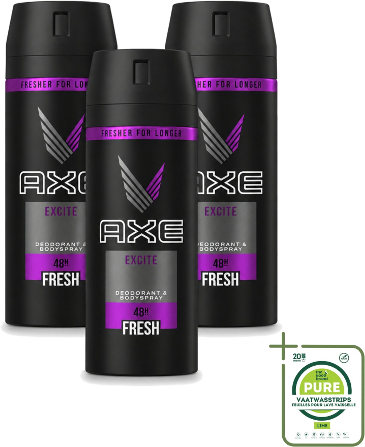 3 x Axe - Deodorant Bodyspray - 48hrs Fresh - Excite - 150 ml - Grootverpakking - Vaatwasstrips - Deodorant - Bodyspray - Geur - Lichaamsgeur - Axe Excite