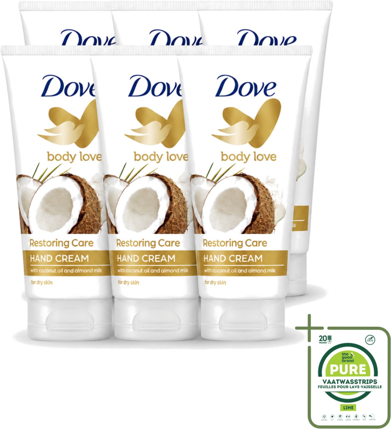 6 x Dove - Handcrème - Body Love Restoring Care - Kokos & Almond - Hydraterend - Droge huid - 75 g - Grootverpakking - Vaatwasstrips - Handcrème - Droge Huid - Hydraterende Crème - Kokos En Amandel - Huidverzorging