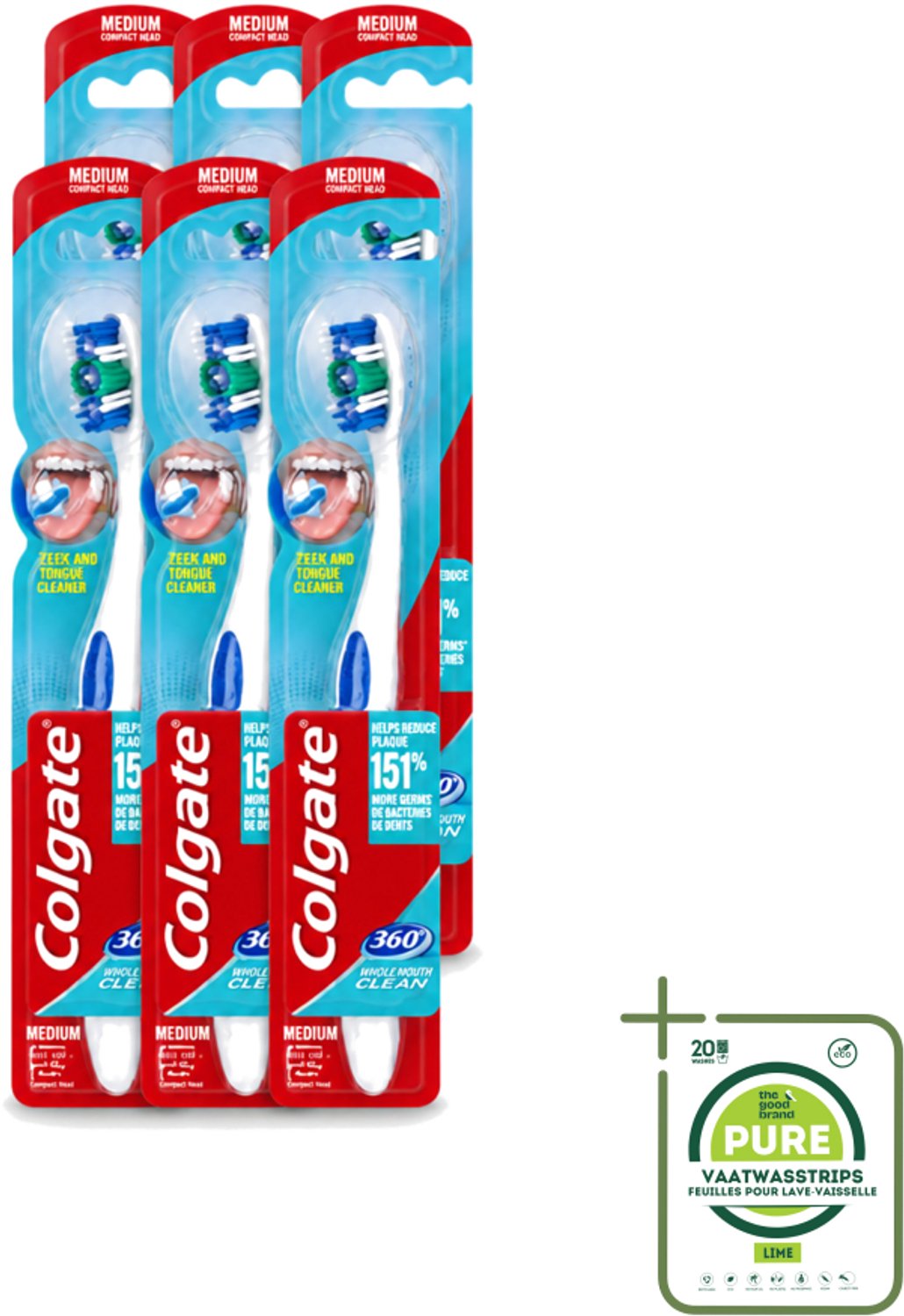 6 x Colgate - Tandenborstel - 360 Whole Mouth Clean Medium - Wit/Blauw - 1 Tandenborstel - Grootverpakking - Vaatwasstrips - Tandenborstel - Mondhygiëne - Tandenpoetsen - Bacteriën - Tandplak