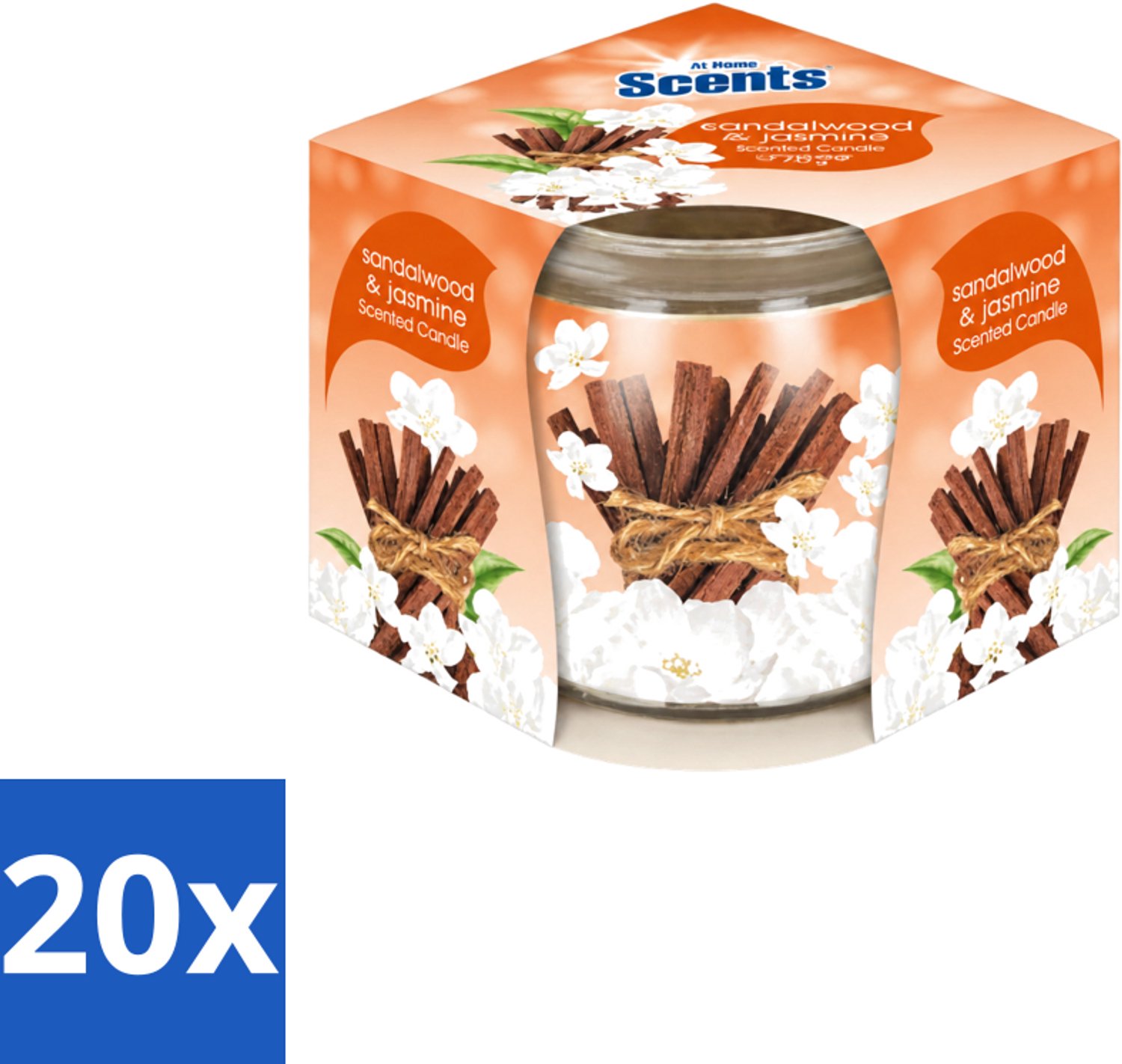 At Home 20 x At Home - Scents - Geurkaars - Sandalwood & Jasmin - 70 g - Voordeelverpakking - 20 stuks Bruin