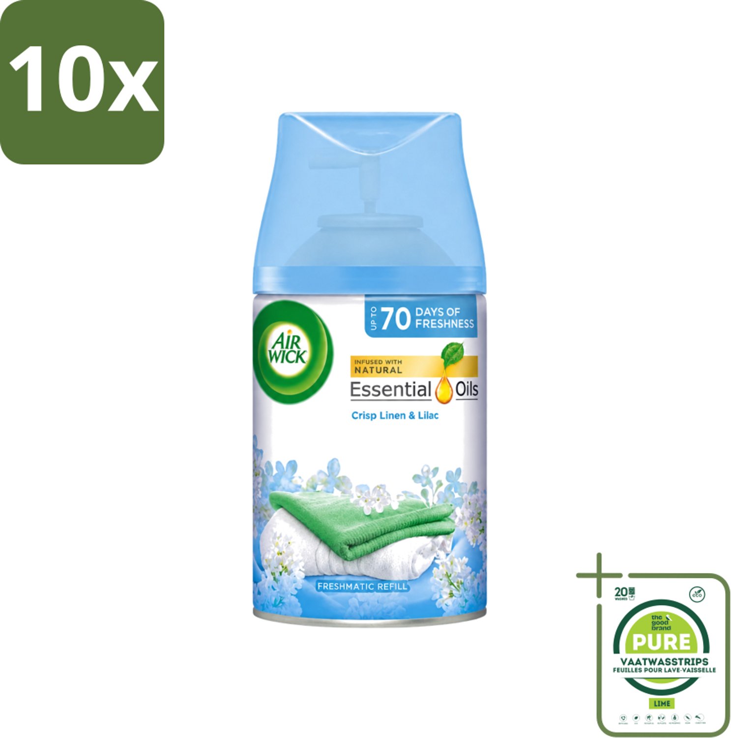 10 x Air Wick - Luchtverfrisser Navulling - Fris Linnen & Lila - Automatische Spray - 250 ml - Grootverpakking - Vaatwasstrips - Luchtverfrisser - Geurverspreider - Geurintensiteit - Geurneutralisatie - Frisheid