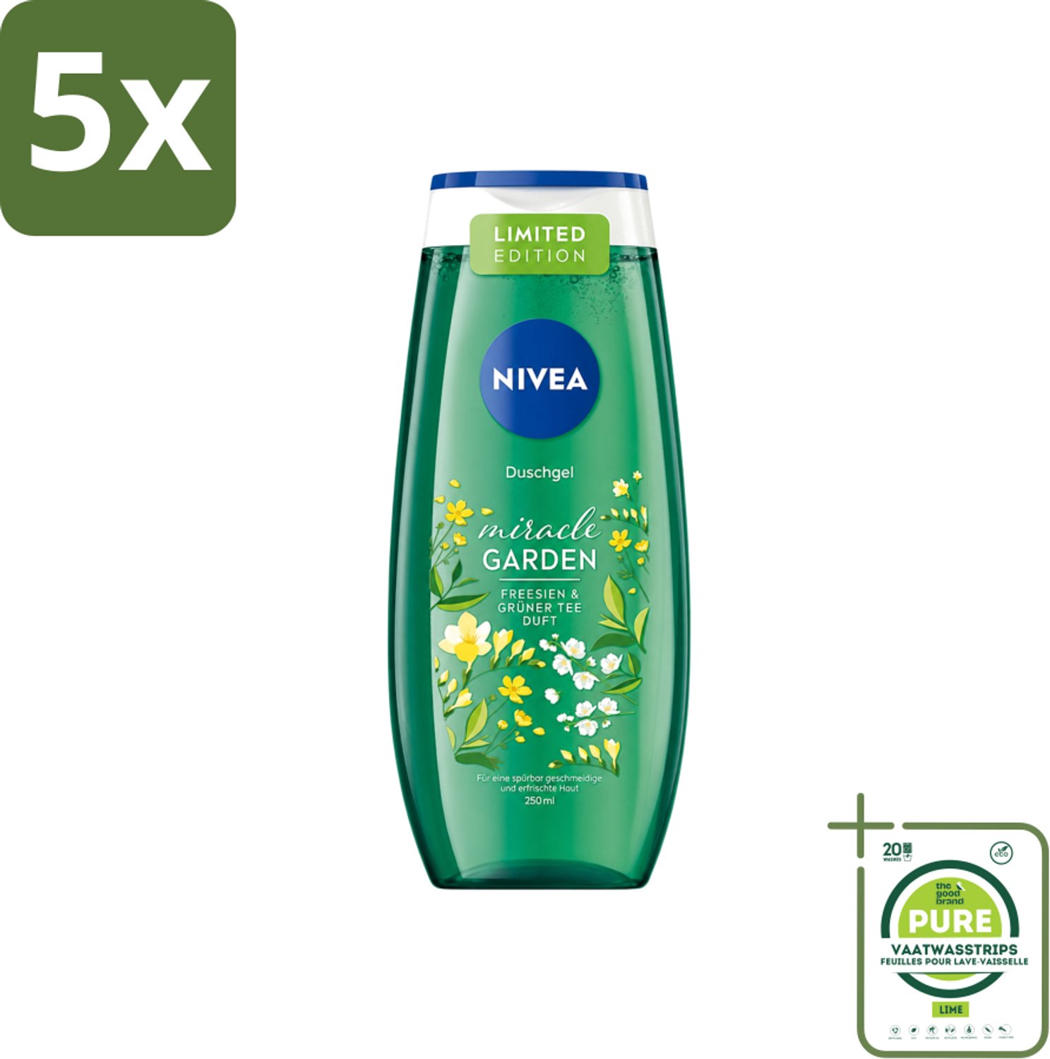 5 x Nivea - Douchegel - Freesia & Groene Thee - 250 ml - Grootverpakking - Vaatwasstrips - Douchegel - Freesia - Groene Thee - Huidverzorging - Hydraterende Douchegel