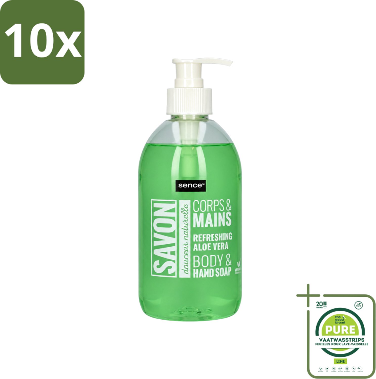 10 x Sence - Refreshing Aloe Vera - Handzeep - Savon - 500 ml - Grootverpakking - Vaatwasstrips - Aloe Vera Handzeep - Handverzorging - Frisse Handen - Hydraterende Handzeep - Mild Handzeep
