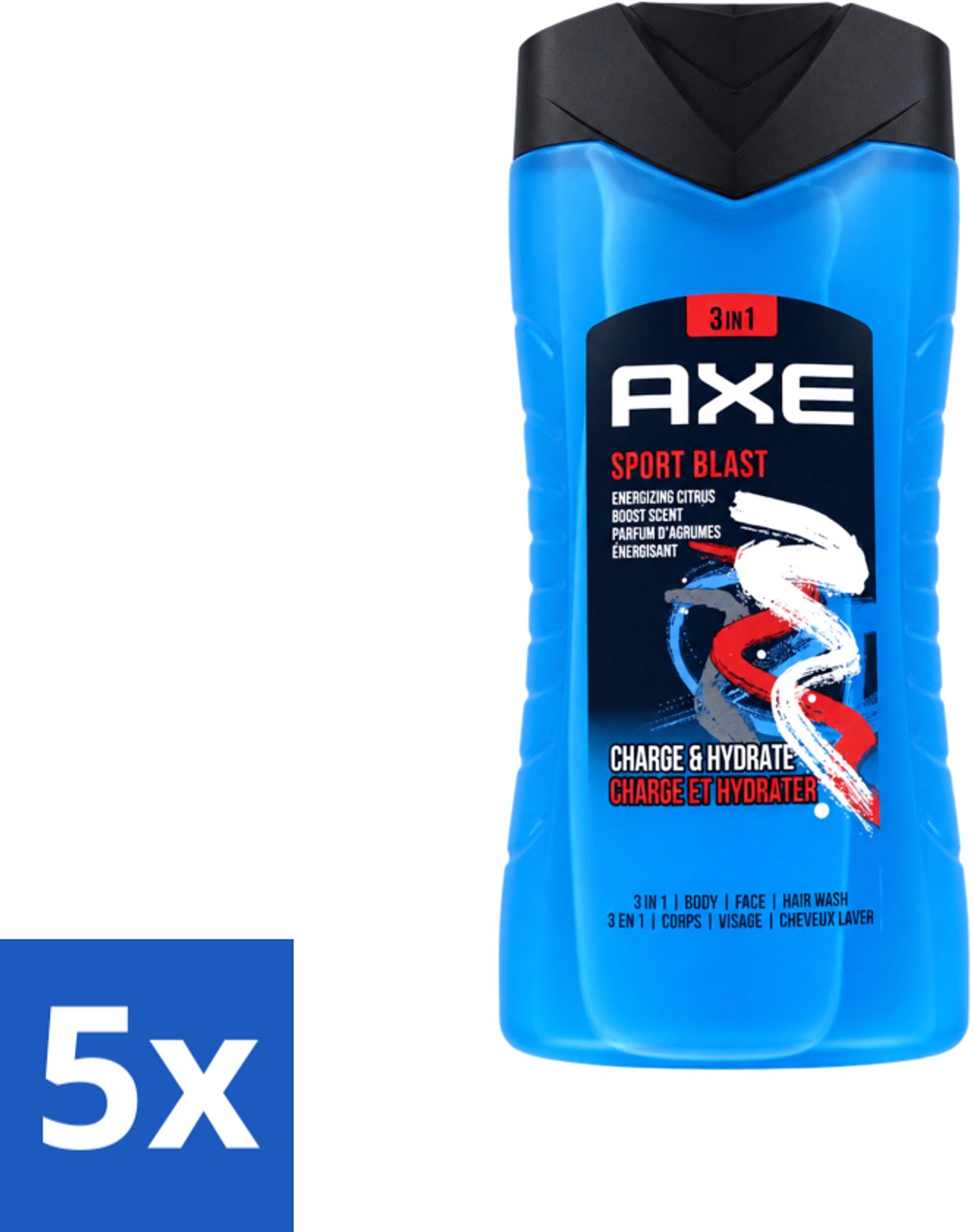 5 x Axe - 3-in-1 Douchegel - Sport Blast - Energizing Citrus - Hydraterend - 250 ml - Voordeelverpakking - 5 stuks