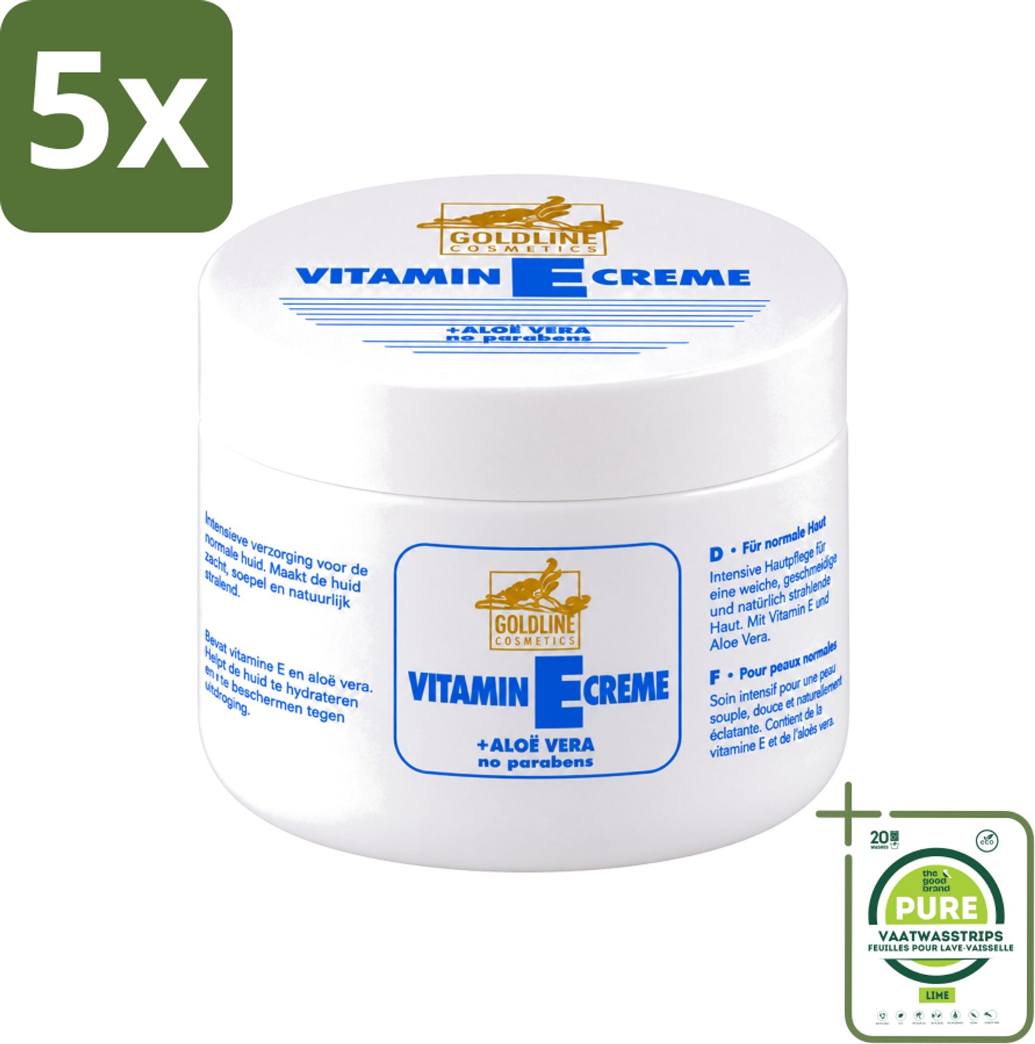 5 x Goldline - Bodycrème - Vitamine-E & Aloë Vera - Normale Huid - Hydraterend - 250 ml - Grootverpakking - Vaatwasstrips - Bodycrème - Vitamine E - Aloë Vera - Hydraterende Crème - Huid Verzorging