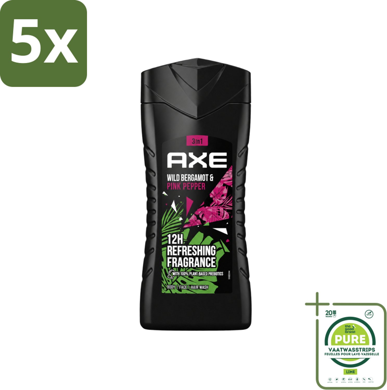 5 x Axe - 3-in-1 Douchegel - Wild Bergamot & Pink Pepper - 100% Plantaardig - 250 ml - Grootverpakking - Vaatwasstrips - Douchegel - Geur - Fris - Onweerstaanbaar - Lichaam