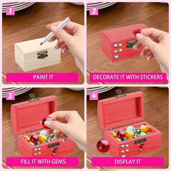 Doe-het-zelf, kleine houten kist met deksel, kleine schatkisten van hout, schatkist voor kinderverjaardag, met diamantsticker voor creatieve hobby, decoratie — afbeelding 5