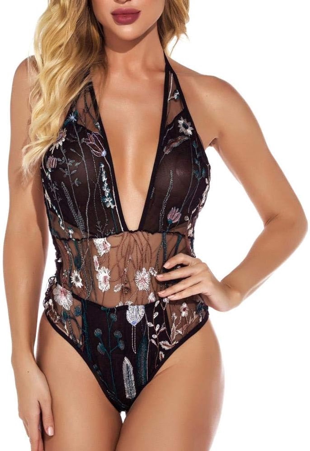 Babydolls, nachtjaponnen & negligés Borduurwerk Kant Sexy Ondergoed Vrouwen Diepe V-hals Sheer Body Sexy Lingerie set