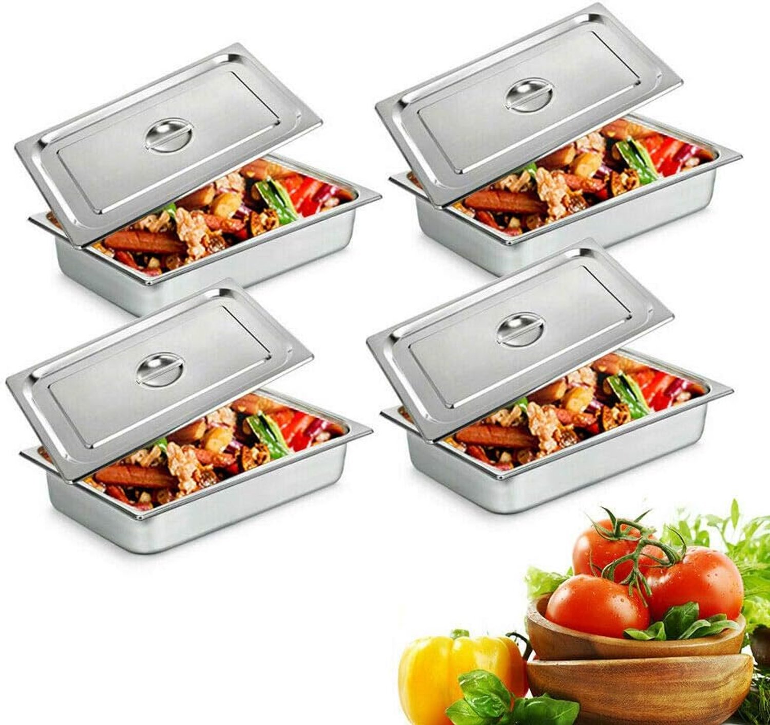 Stapelbaar, roestvrij staal, anti-aanbak, chafing dishcontainers met roestvrijstalen deksel voor buffet, chafing schotel, stoompan, 4 stuks