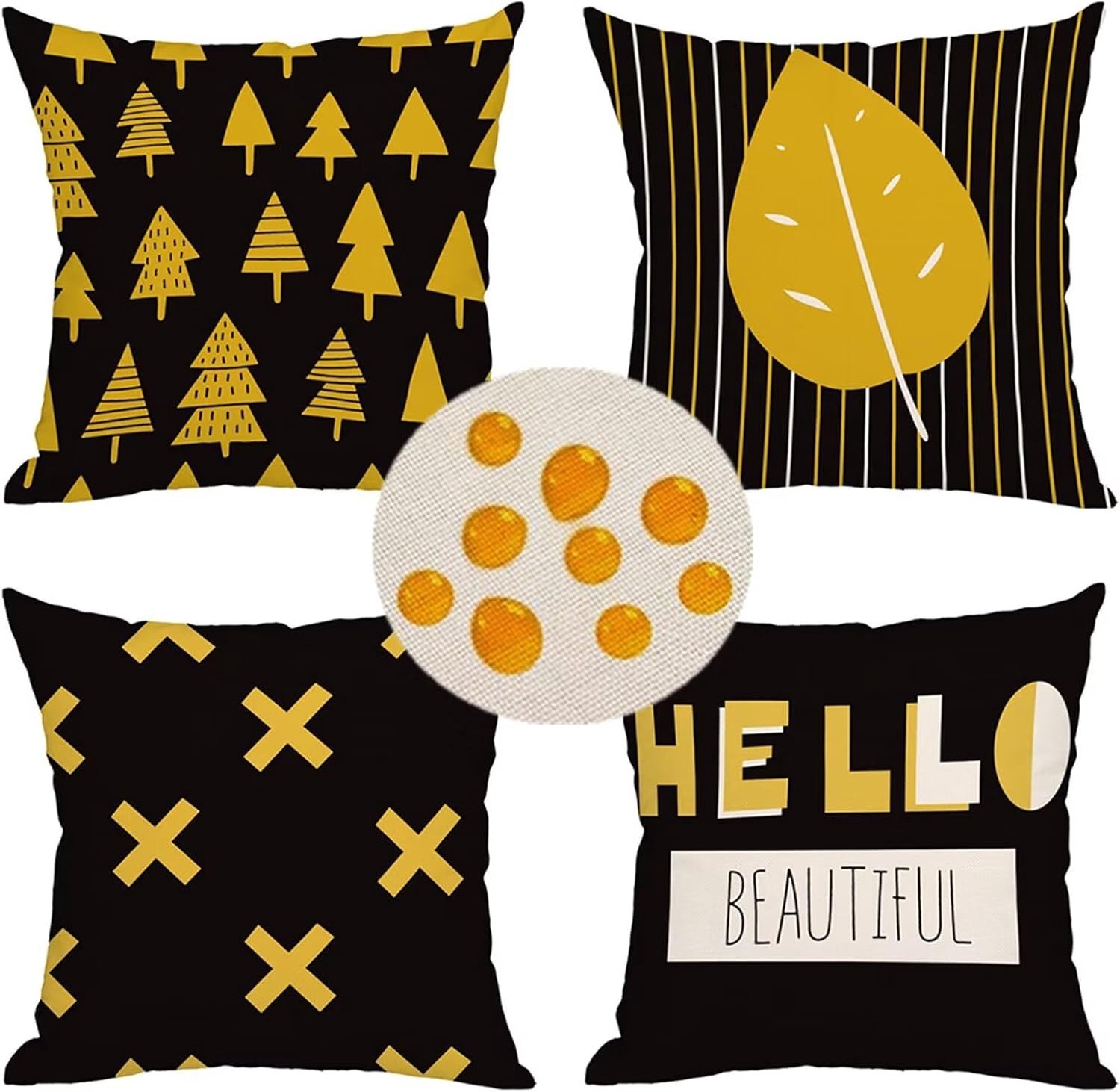 Decoratieve kussenhoes, geel zwart geometrisch linnen kussenslopen 30 cm x 30 cm, set van 4 vierkante decoratieve kussens voor stoel, bank, terrasmeubilair, boerderij