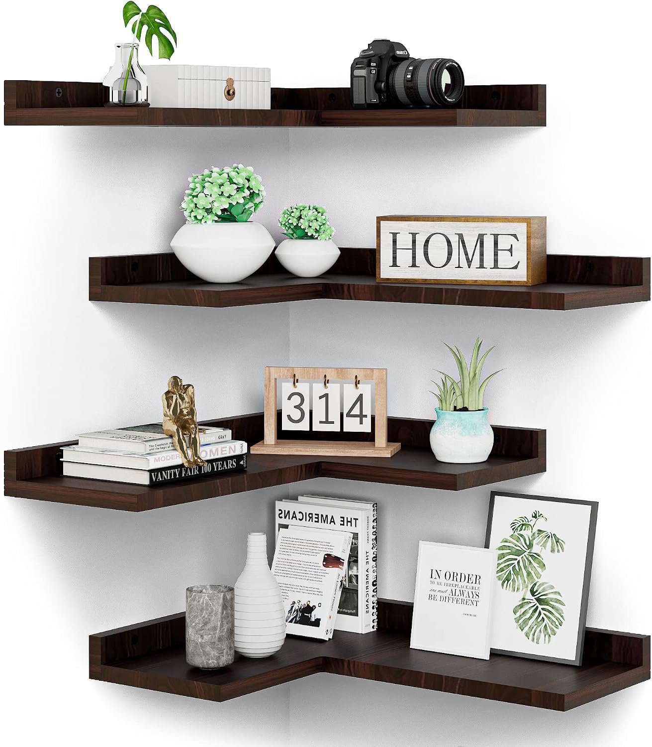 Zwevende hoekplanken set van 4, rustieke grenen houten zwevende hoek wandplank voor wanddecoratie opslag, L-vormige hoekplank muurbevestiging voor slaapkamer, woonkamer, badkamer, keuken