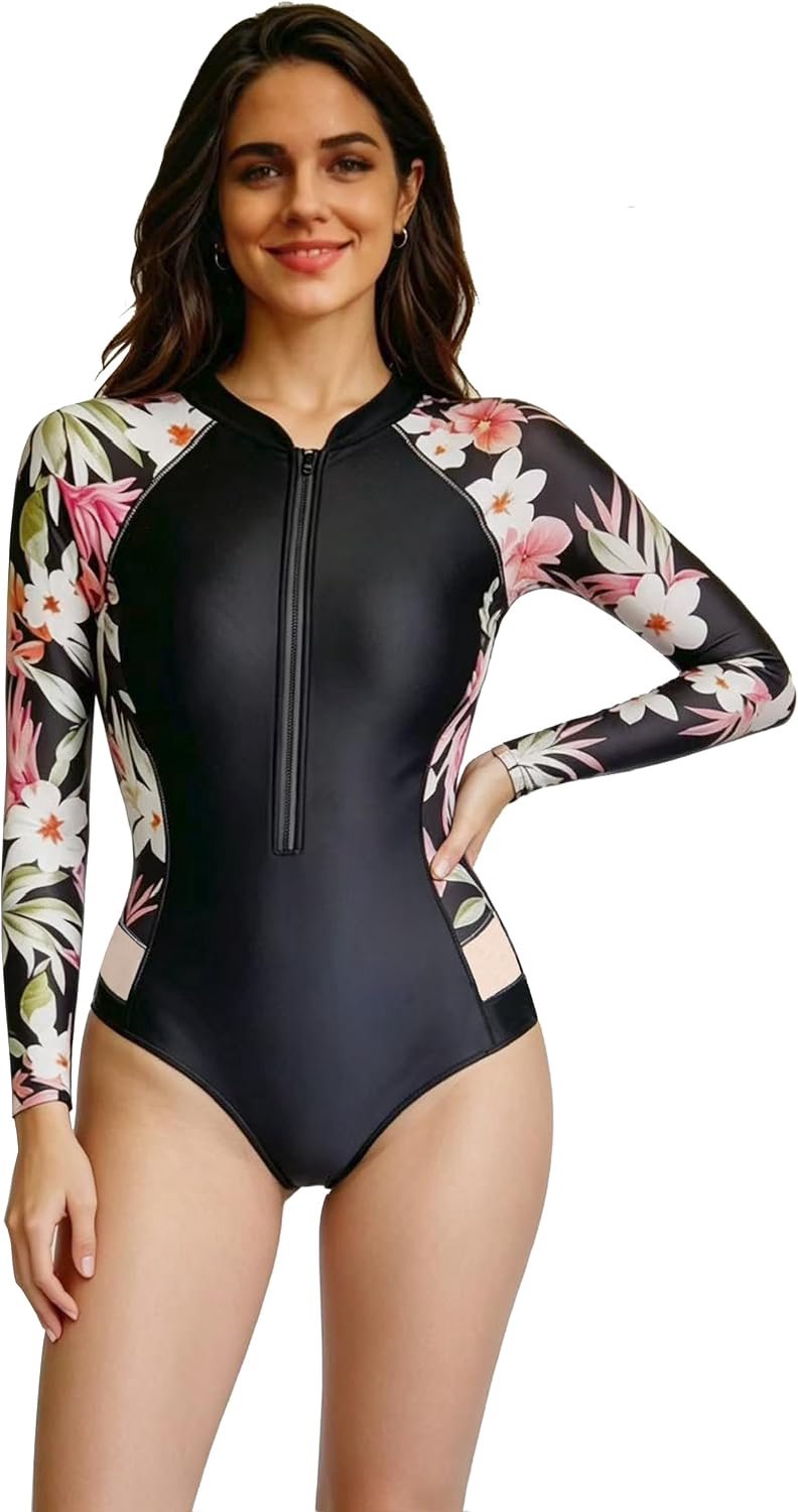 Badpak voor Dames met Mouwen,Badpak,Zwempak met Rits aan de Voorkant,Surfkleding,Duikpak,Huidbeschermers