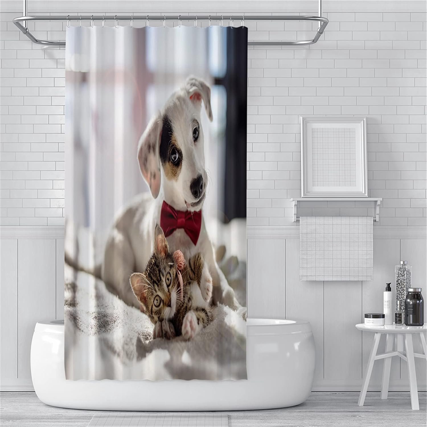 Douchegordijnen schimmelbestendig waterdicht wasbaar badkamergordijnen, gewogen badgordijnen met haken, 3D tuin buiten douchegordijn wit Dalmatisch