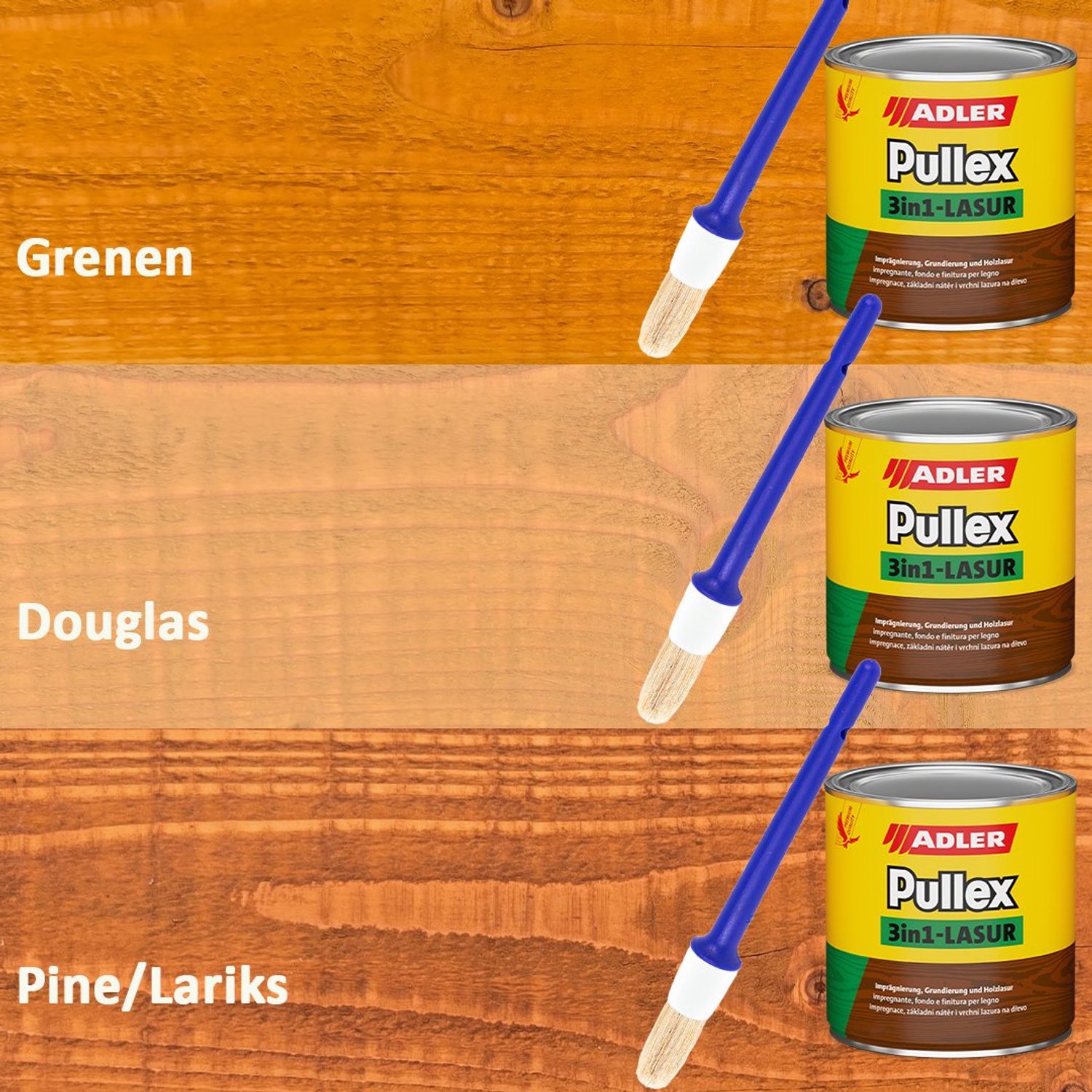 ADLER Pullex 3in1-Lazuur – 3-in-1 Buitenbeits voor Hout – Grondlaag, Tussenlaag en Eindlaag in één – Pine/Lariks, Douglas en Grenen – 3x – 100 ml