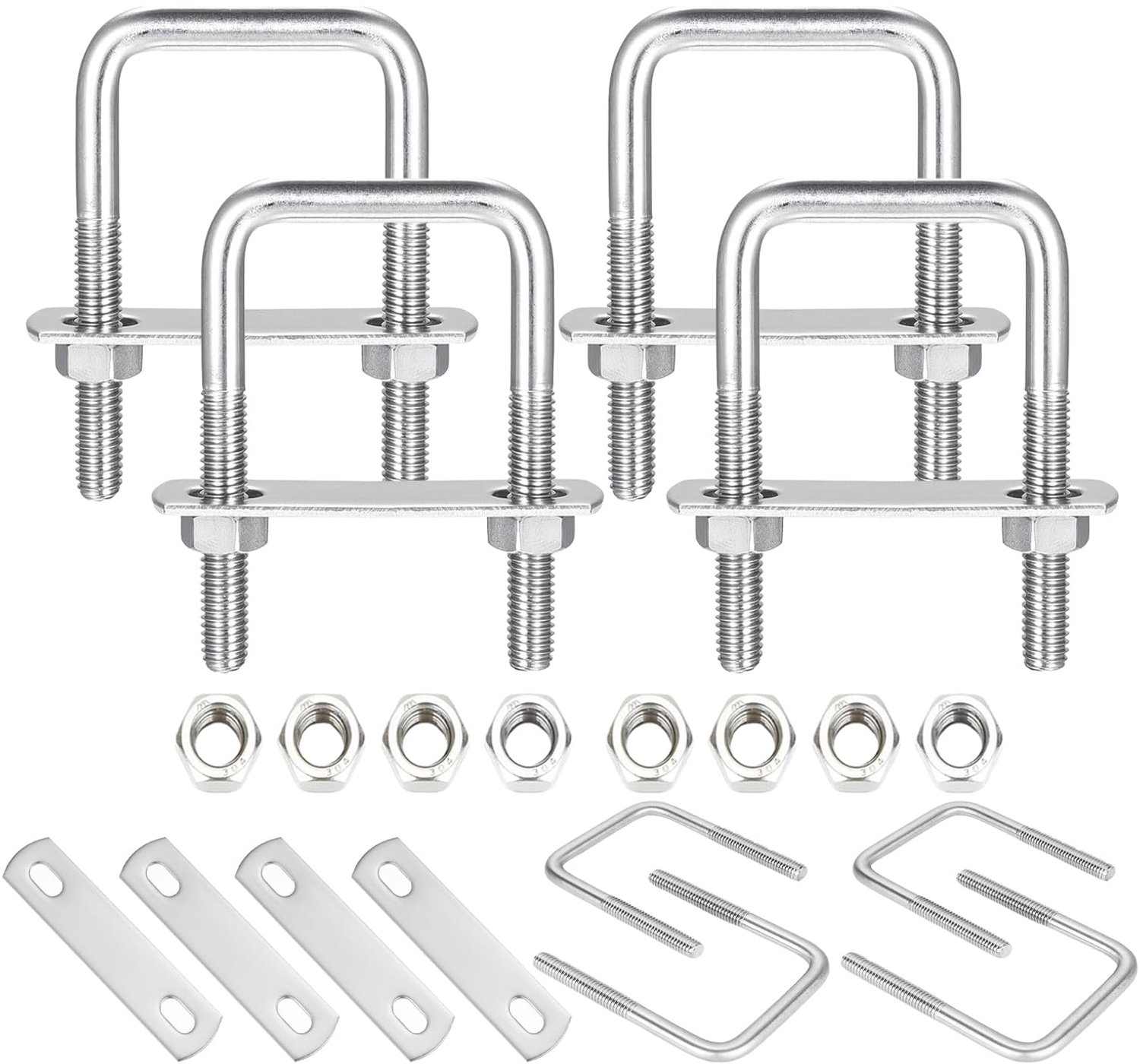 Vierkante U-schroeven M8, 50 mm breed, roestvrij staal met moeren, plaatstaal en schroefveren, 4-pack (4, 40 x 65 mm)