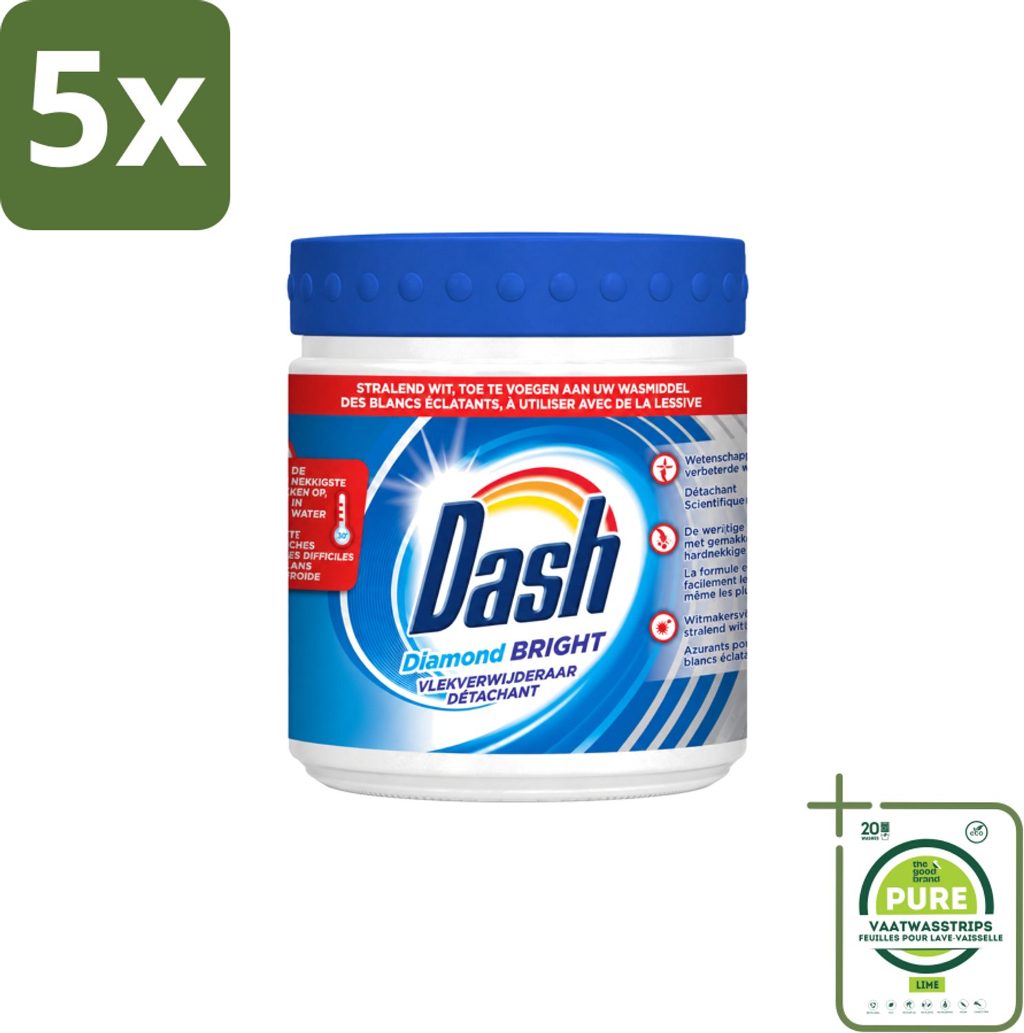 5 x Dash - Diamond Bright - Vlekverwijderaar Poeder - Voor Witte Was - 500 g - Grootverpakking - Vaatwasstrips - Vlekverwijderaar - Witte Was - Vlekken Verwijderen - Wasmiddel - Optische Witmakers