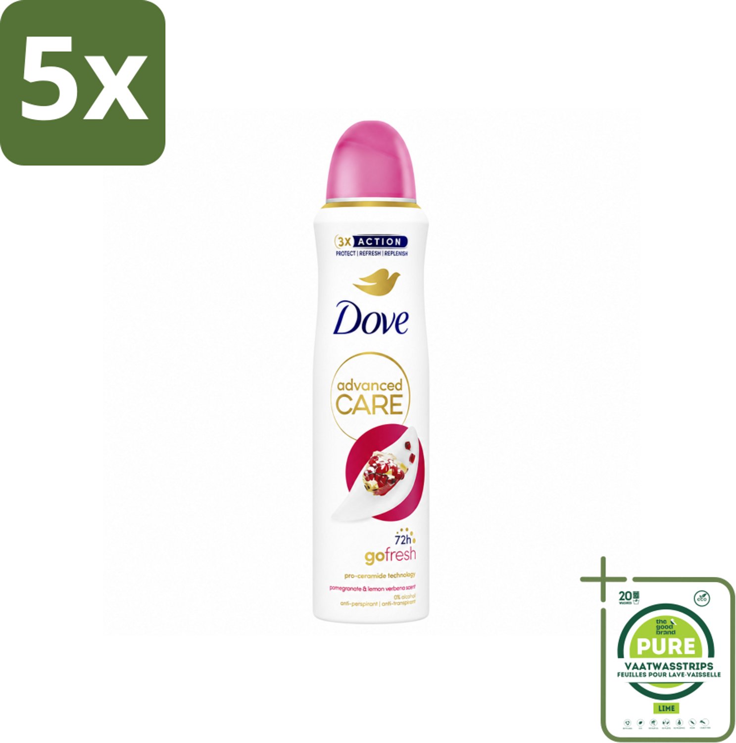 5 x Dove Deodorant Spray - Granaatappel & Citroenverbena - 150 ml - Grootverpakking - Vaatwasstrips - Anti-transpirant - Zweetvermindering - Geurvermindering - Okselhuid Verzorging - Frisheid