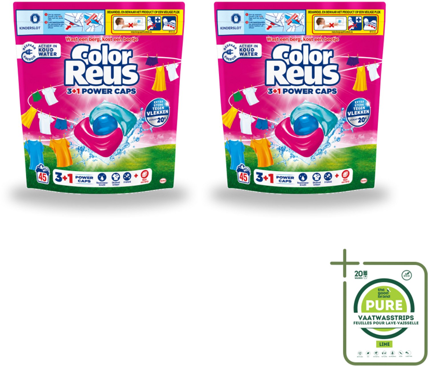 2 x Color Reus - 3+1 Power Caps - Gekleurde Was - 45 Wasbeurten - Grootverpakking - Vaatwasstrips - Was Capsules - Gekleurde Was - Kleurbescherming - Vlekverwijdering - Krachtige Was