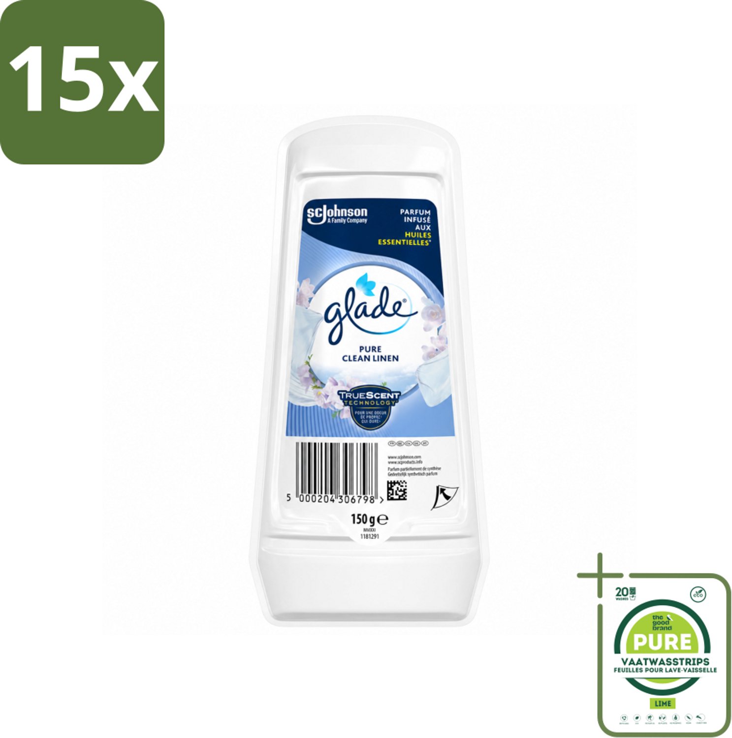 15 x Glade - Gel - Pure Clean Linen - 150 g - Grootverpakking - Vaatwasstrips - Luchtverfrisser - Linnengeur - Geurverspreider - Frisse Geur - Geur In Huis